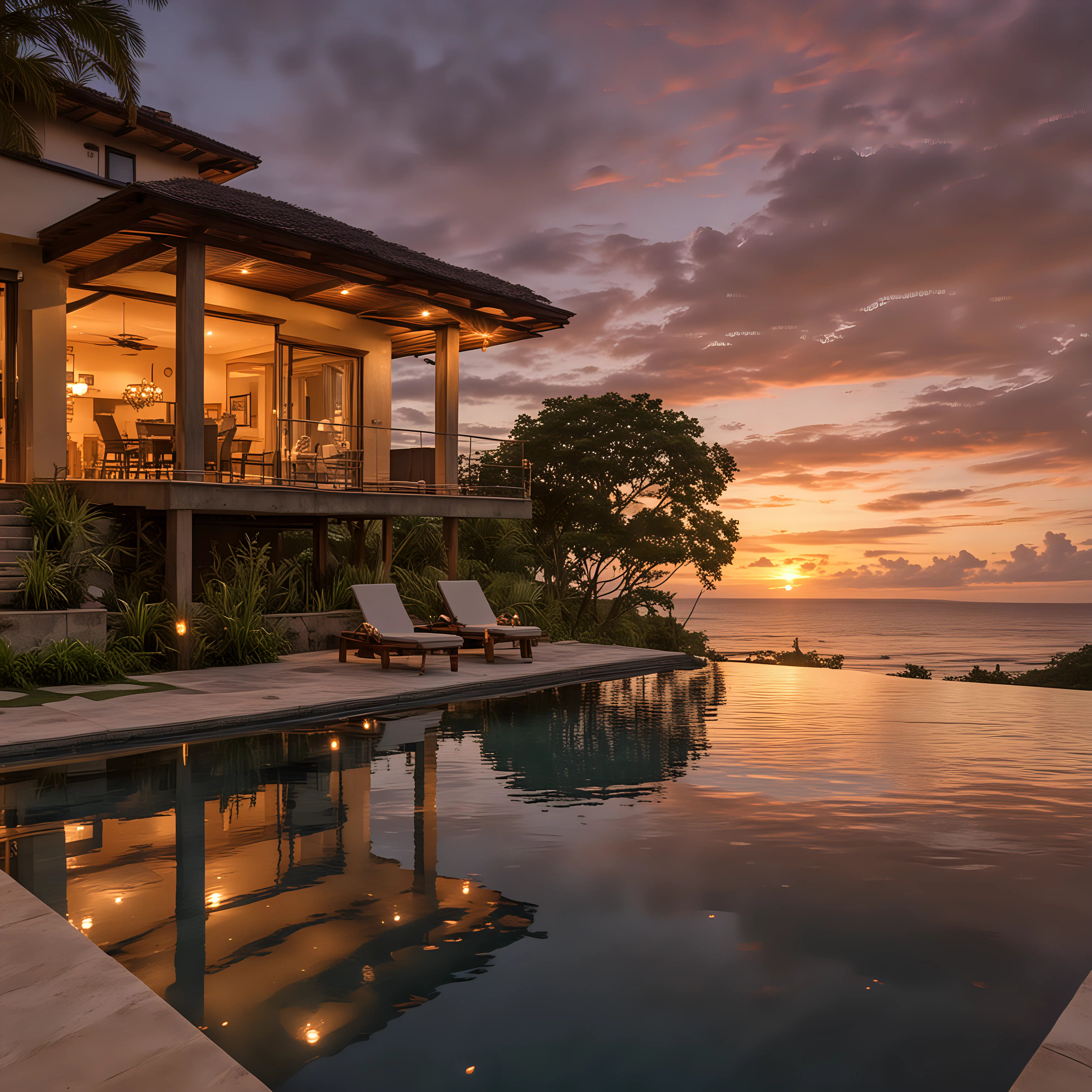 please create a photo of a ocean front property in costa rica with an infinity pool and outdoor living spaces at sunset with warm lighting.