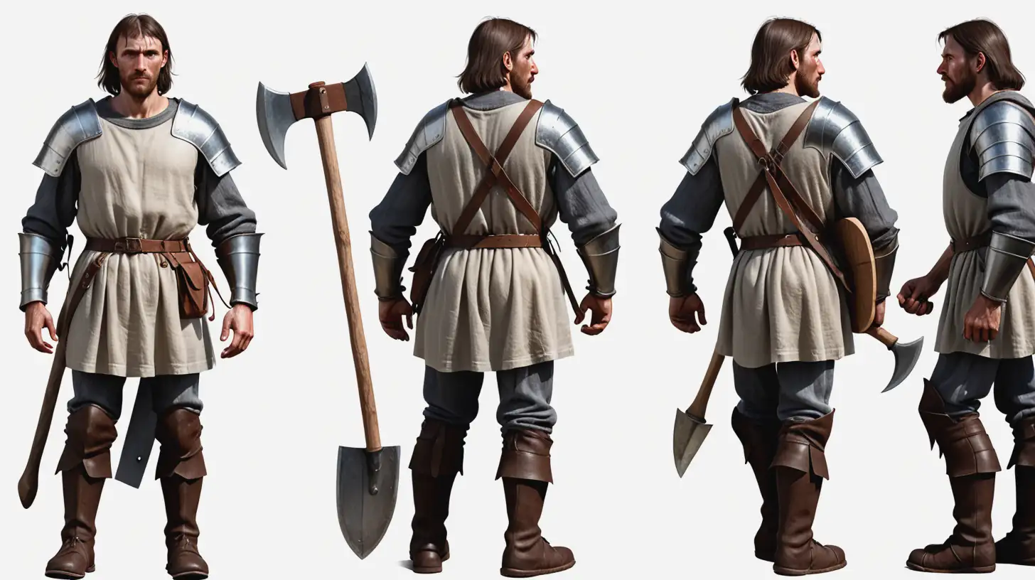 Roric, a thin but healthy man with a constantly worried look.  He wears workman's linen clothes and padded leather armor and carries an axe.  Transparent background with Roric in multiple poses