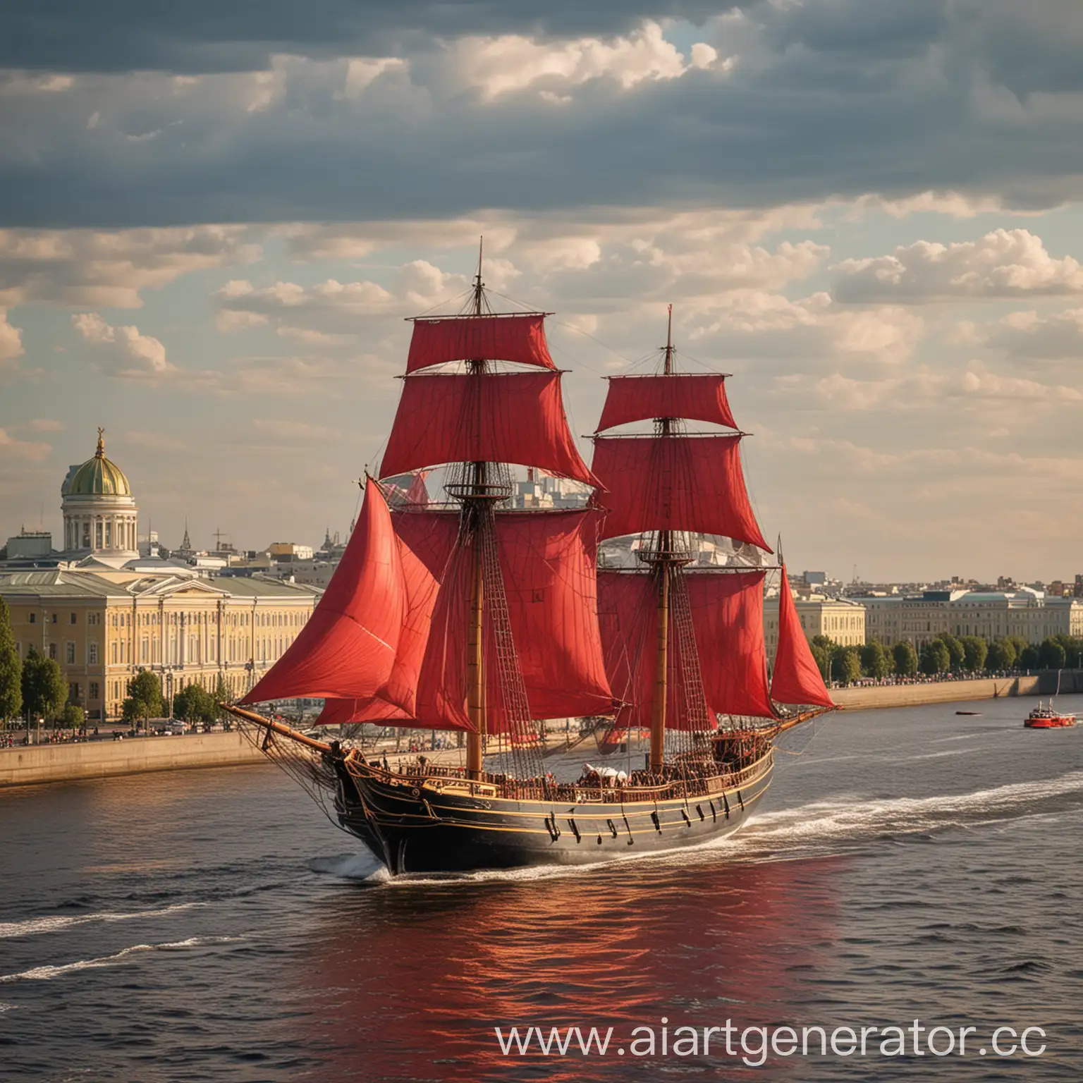 Нарисуй Парусник с алыми парусами плывущий по реке Неве в городе Санкт-Петербурге