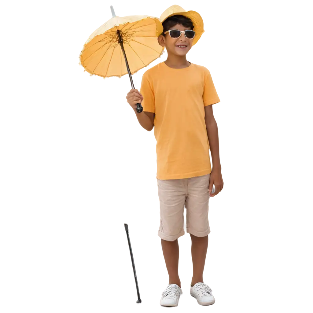 A boy holding umbrella wearing a comfortable sundress and a hat and wear sunglasses to beat the heat in india