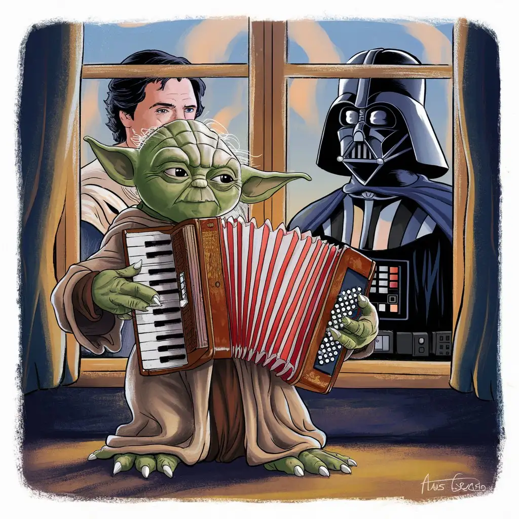 Master Yoda plays the accordion in front of Luke Skywalker and Darth Vader