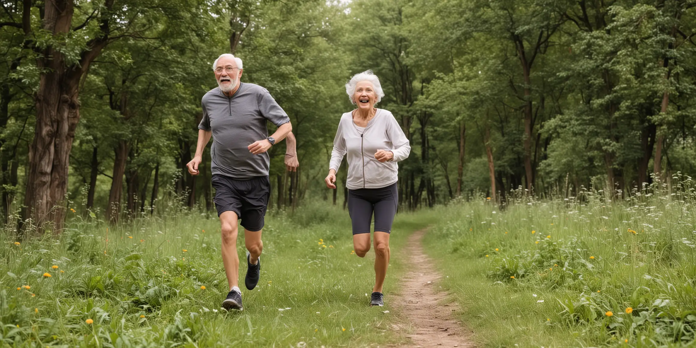 Elderly Couple Joyfully Running Amidst Scenic Nature