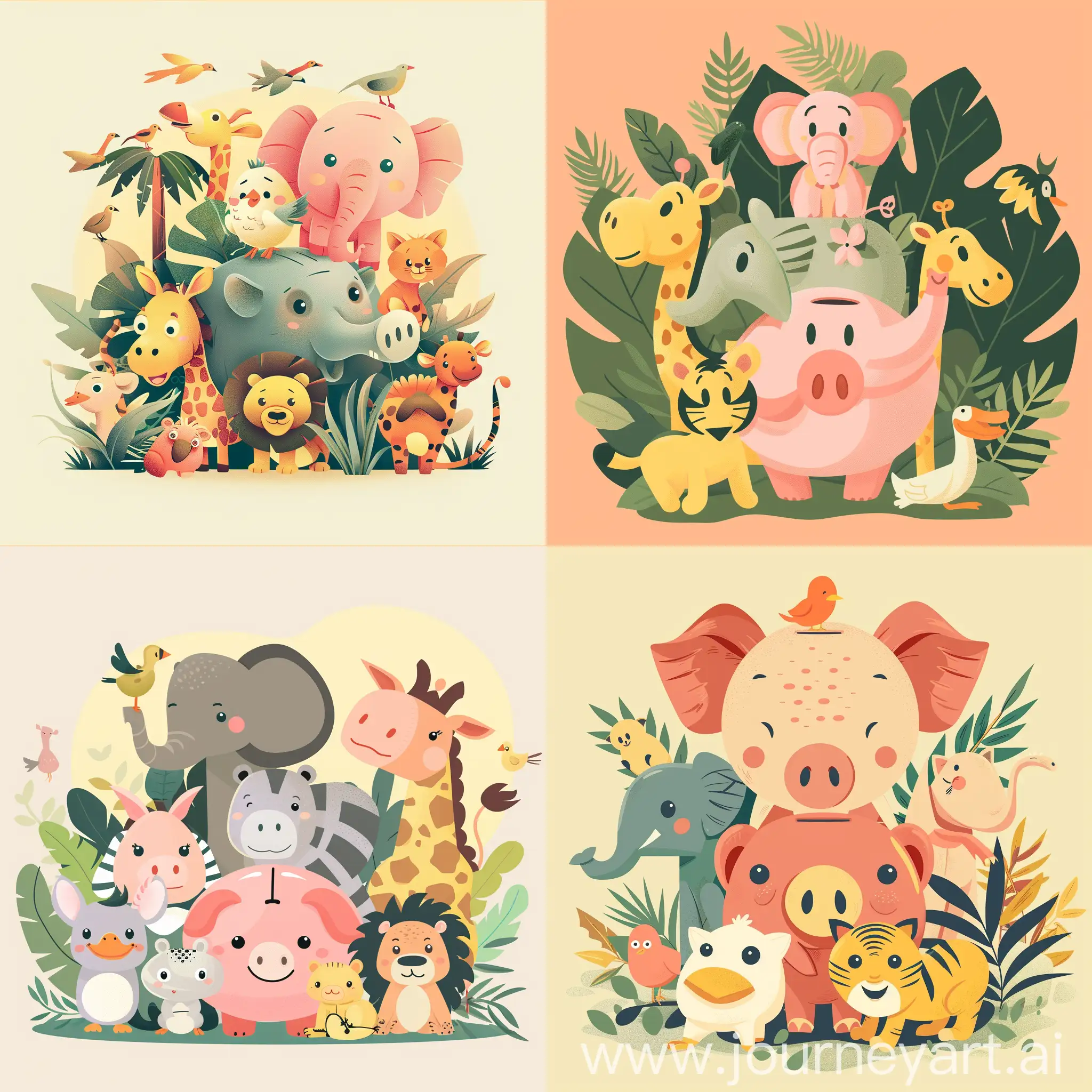 various jungle animals as a piggy bank, in the style of flat illustrations, romantic illustration, gigantic scale, booru, illustration, richly colored, soft, tonal colors, superflat style, duckcore, grandeur of scale,