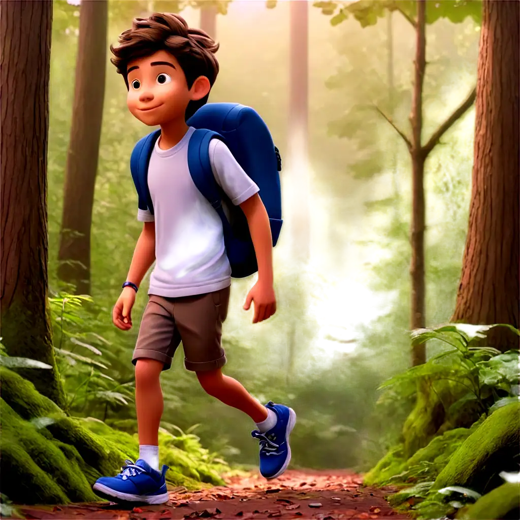 a cartoon boy walking in a forest
