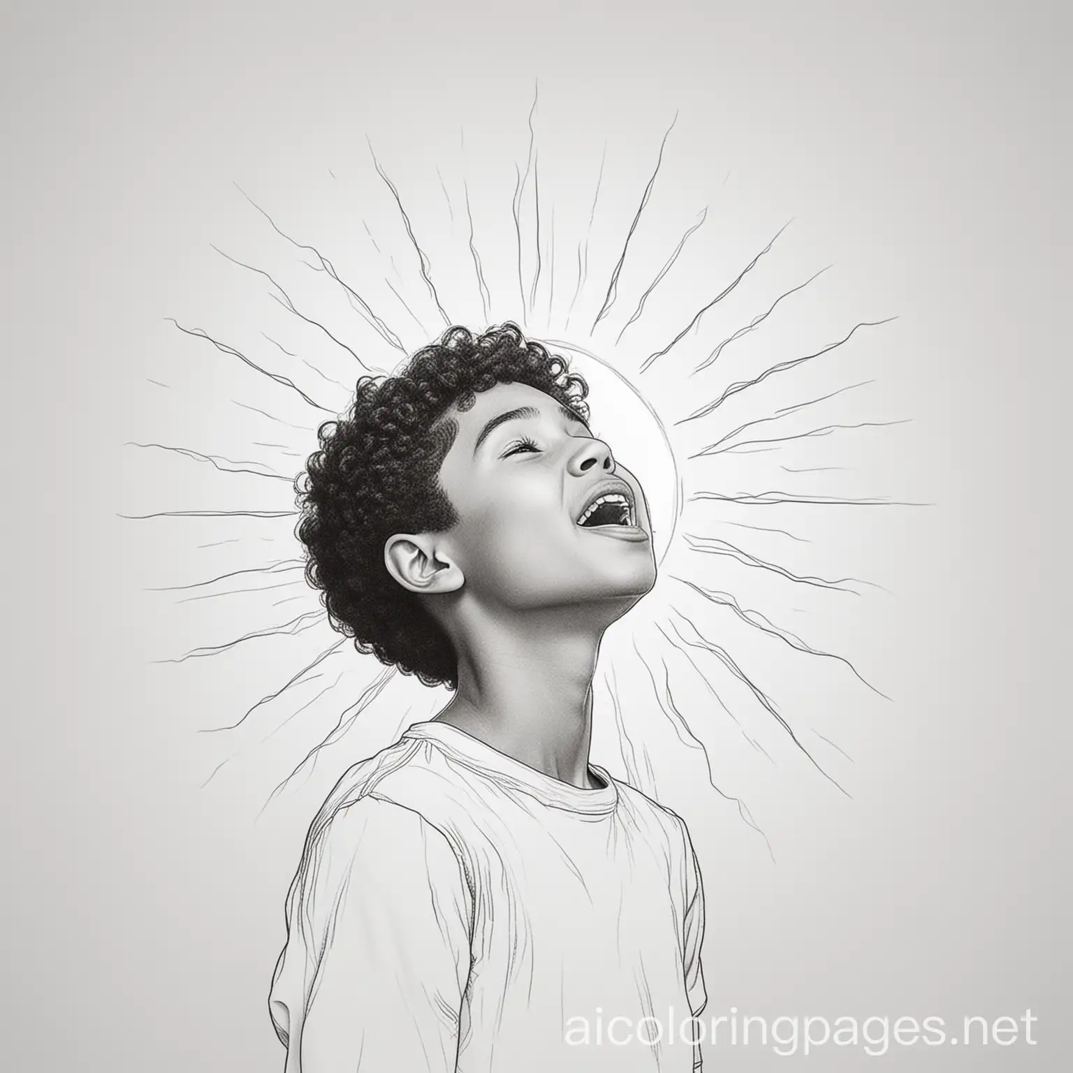 young brown boy singing with sun around him, Coloring Page, black and white, line art, white background, Simplicity, Ample White Space. The background of the coloring page is plain white to make it easy for young children to color within the lines. The outlines of all the subjects are easy to distinguish, making it simple for kids to color without too much difficulty