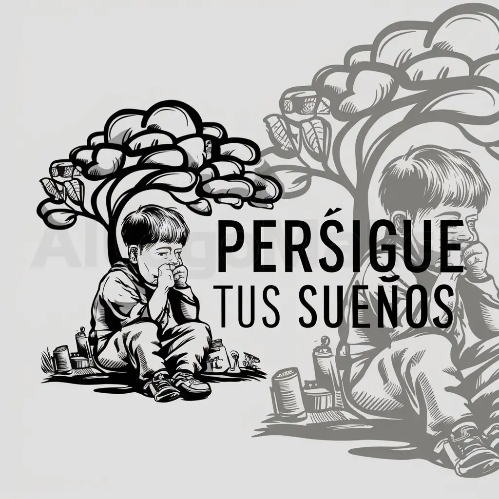 a logo design,with the text "PERSIGUE TUS SUEÑOS", main symbol:a boy thinking about his future,complex,clear background