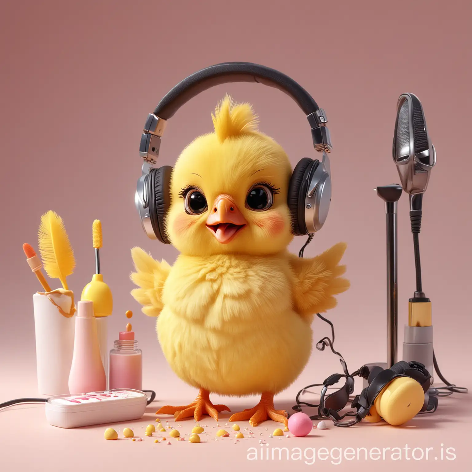 A cute yellow baby chicken cartoon with makeup accessories, shower cream, and headphones.