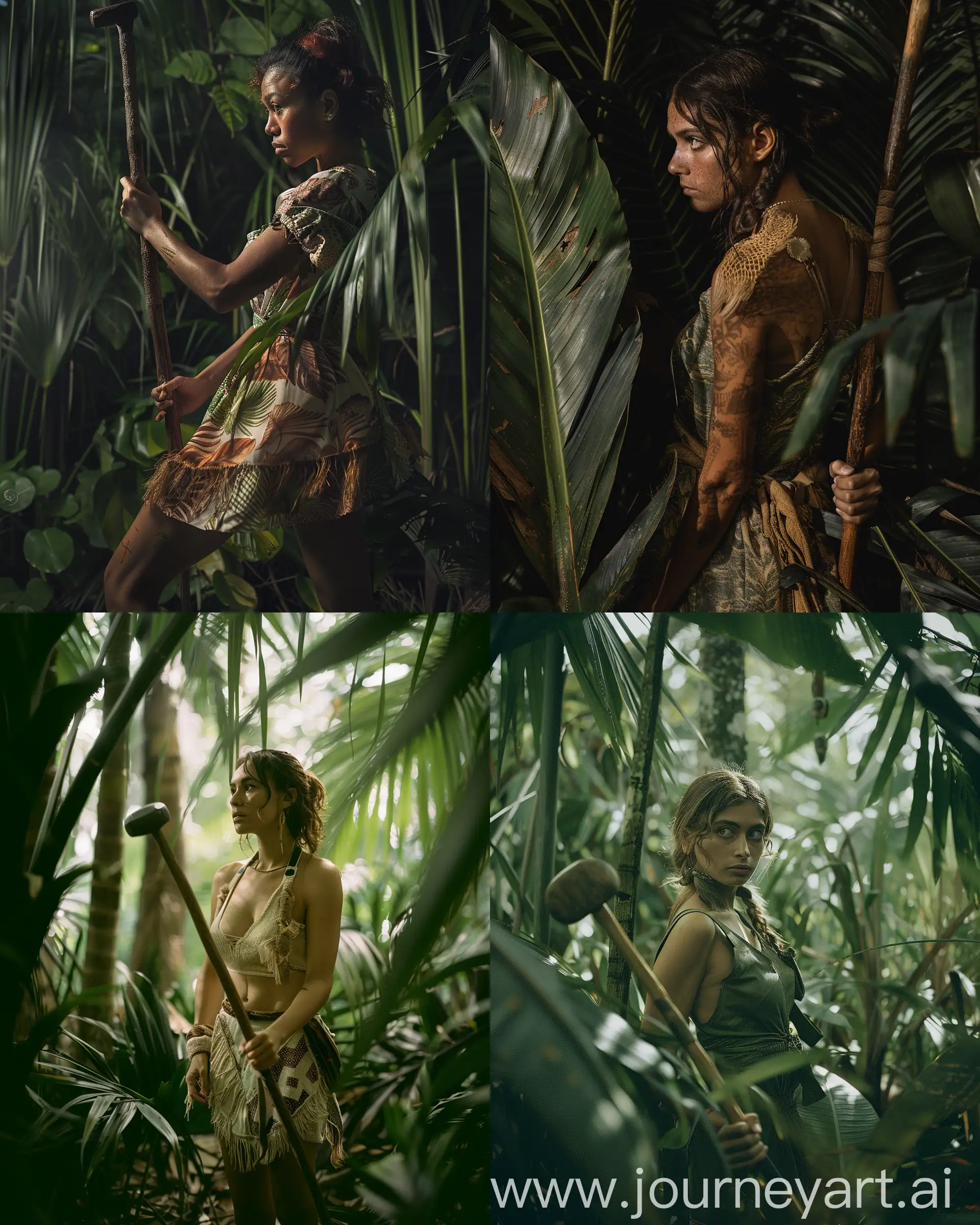 Intimate Landscape Photography of tropical rainforest of a prehistoric woman with a club with Fujifilm GFX 50S --v 6 --style raw --ar 4:5