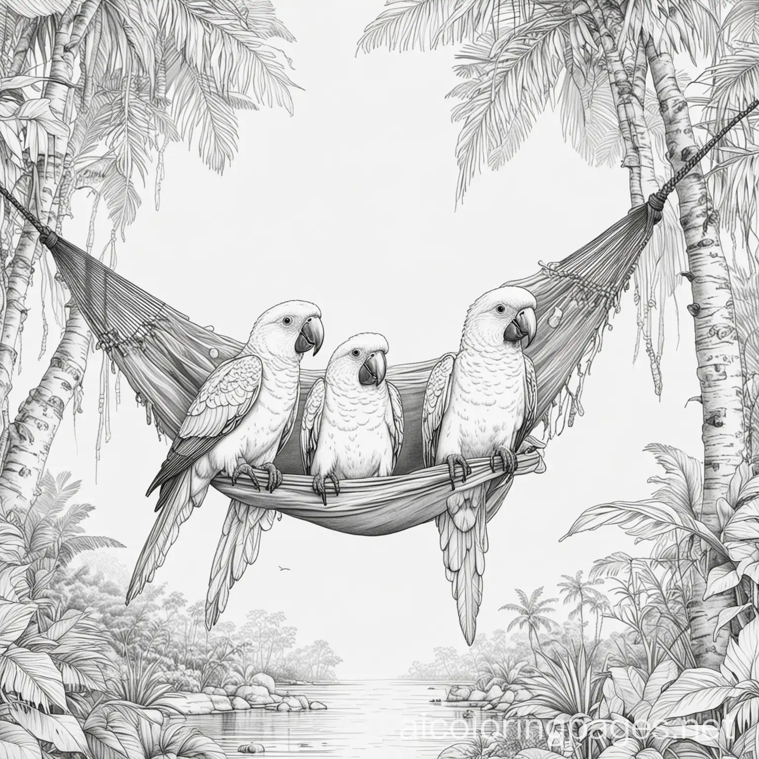 parrots at a hammock, Coloring Page, black and white, line art, white background, Simplicity, Ample White Space. The background of the coloring page is plain white to make it easy for young children to color within the lines. The outlines of all the subjects are easy to distinguish, making it simple for kids to color without too much difficulty