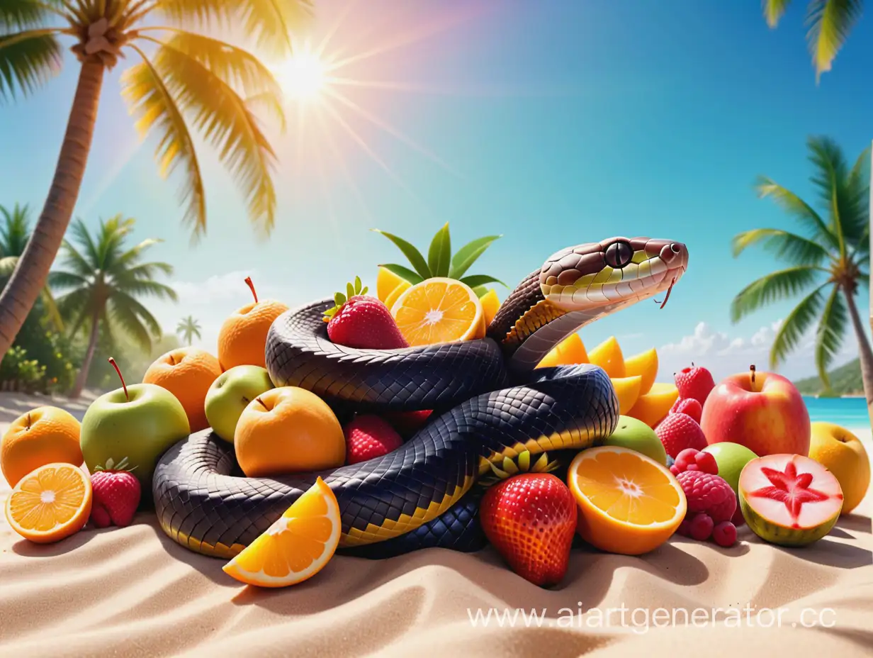 змея лежит в куче сочных фруктов на песке светит солнце и пальмы на фоне