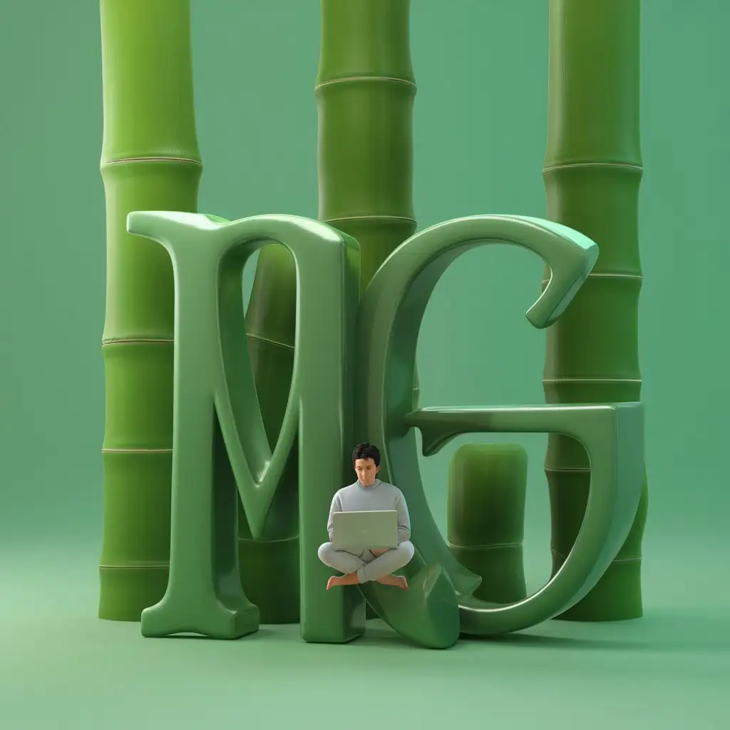 MG letter big and 3D, bamboo three background, green color, person with laptop on sit on letters in lotos pose