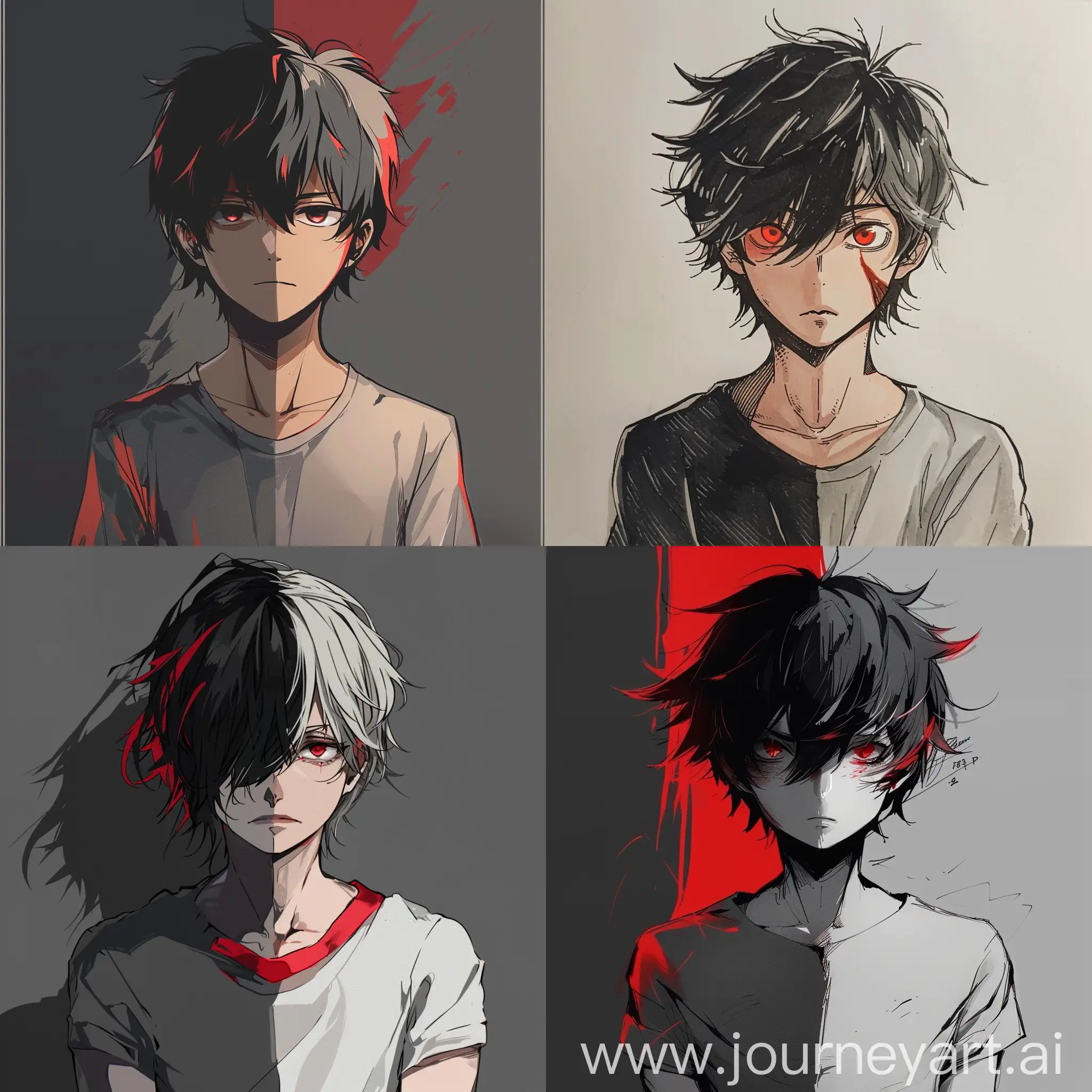 Anime-Style-Character-Half-Black-and-Gray-with-Red-Accent-and-Gray-Shirt