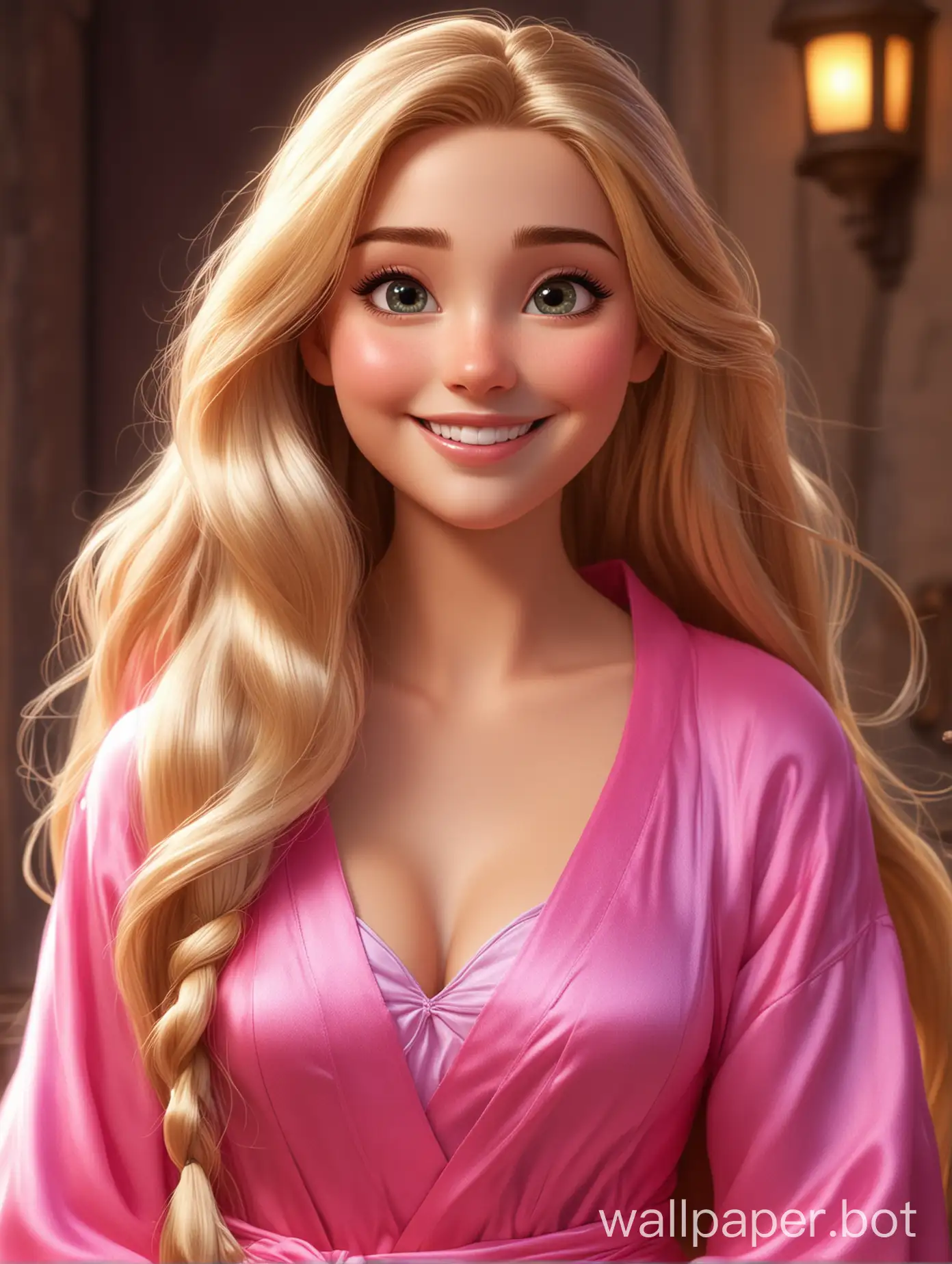 Реалистичная диснеевская милашка Рапунцель с распущенными длинными прямыми волосами в ярко-розовом шелковом халате улыбается 