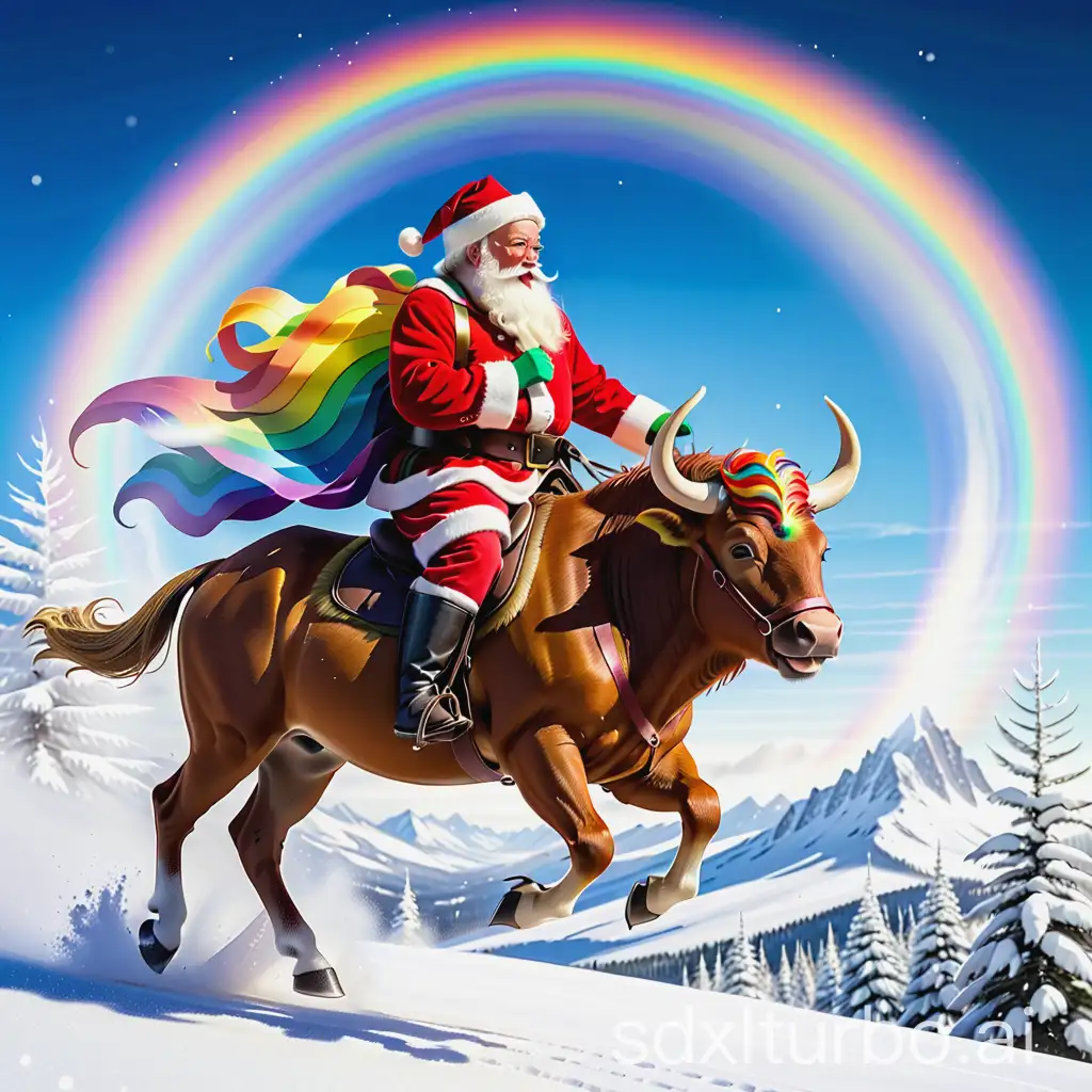 Santa, wie er auf einem fliegenden Regenbogenbüffel reitet, dessen Hufe den Schnee in funkelnde Kristalle verwandeln, während er durch die Nacht galoppiert.