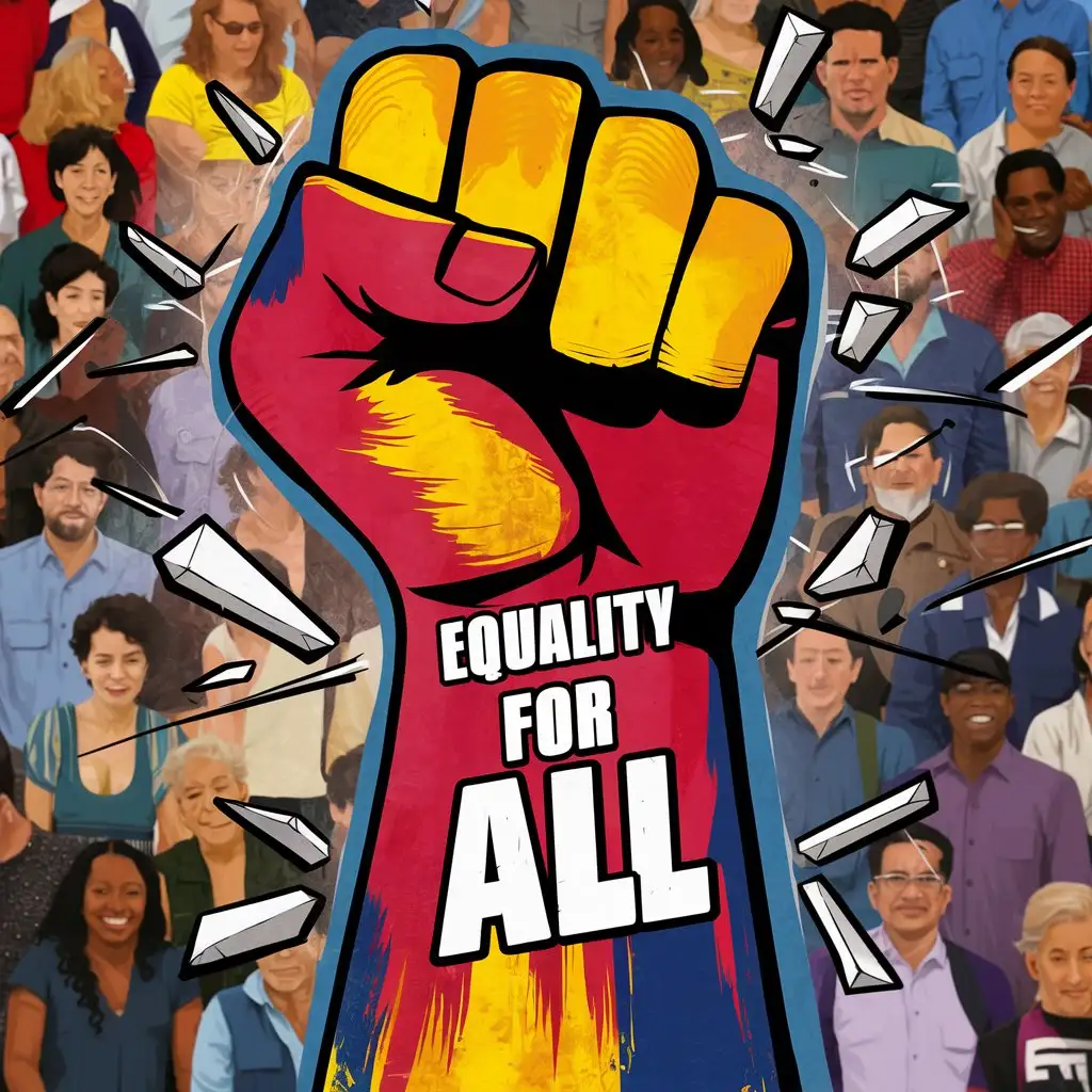 A raised fist in a bold color with a message about equality.