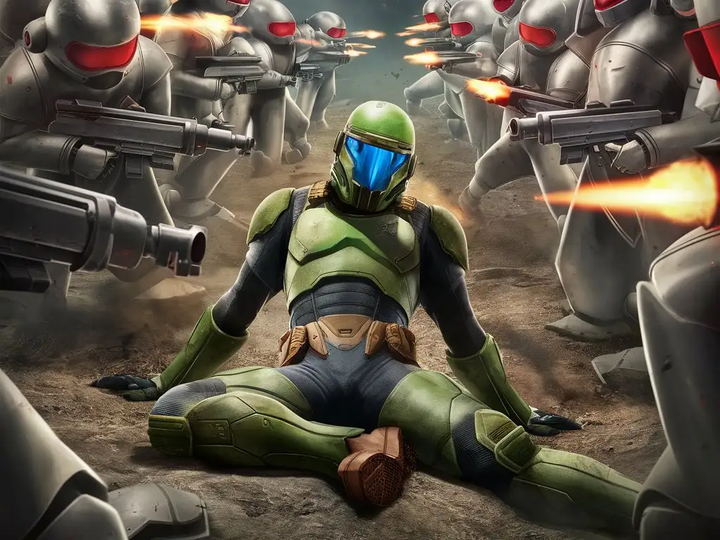 Video game wallpaper of ONE male green armored hero wearing full helmet with blue visor covering his face. The hero has lost and is now on the ground defeated. Only one green character, the rest of the characters are silver robots with red visors and guns and are shooting the green character.