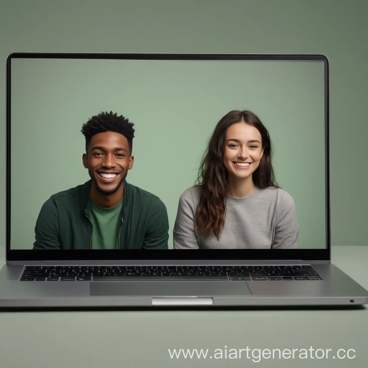 Video-Interview-on-Grey-Laptop-Screen-with-Smiling-Green-People