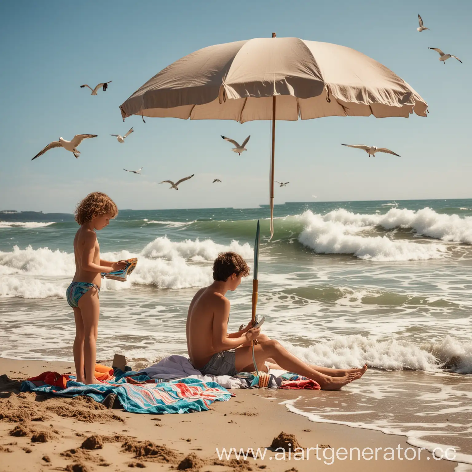 Sunny day at the beach. The waves are crashing against the shore; seagulls are flying overhead. Umbrella and beach towels near the water. Boy is building a sandcastle, and woman, men are reading, girl is swimming