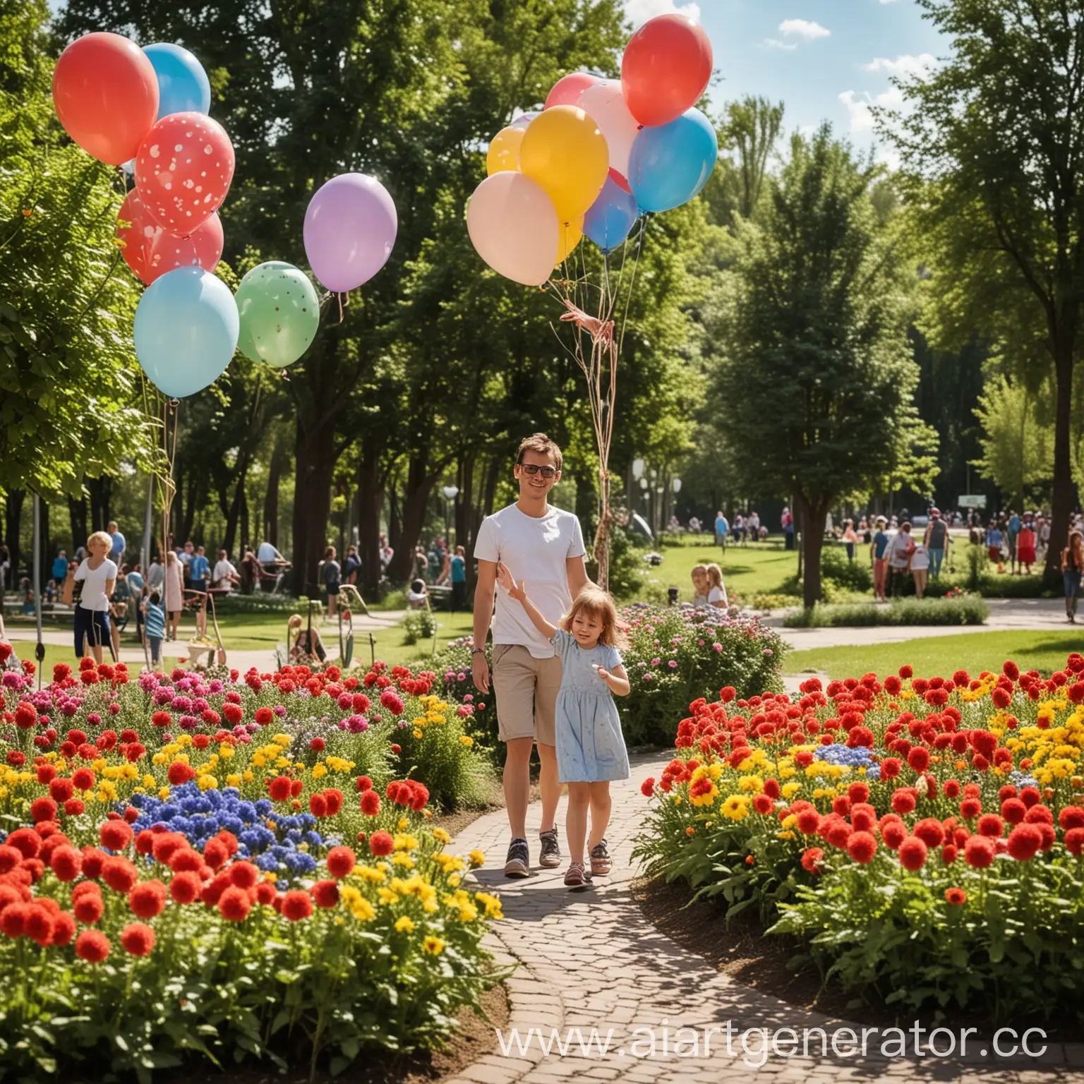 Парк, солнечный день, благоустройство, клумбы, родители счастливые, воздушные шарики, россия, дети веселые!