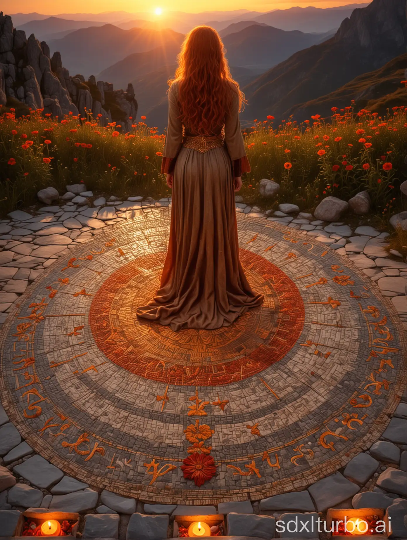 A magnificent sunset over a stone sun mosaic floor, red candles and orange flowers, a distant beautiful female viking goddess with long reddish hair wearing a long tunic adorned with golden symbols, rocky mountains in the back, sunset, chiaroscuro, autumnal atmosphere, high precision, highly detailed, photographic