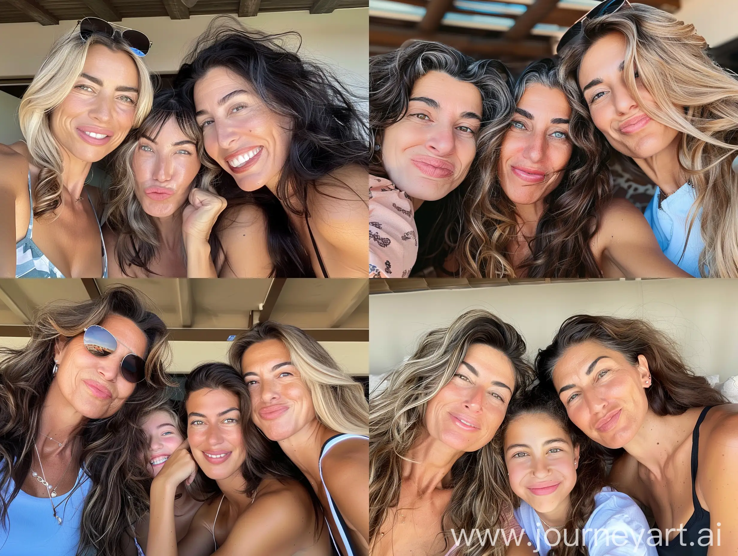 A daughter, an aunt, and a mother take an aesthetic instagram selfie, happy, gorgeous, super models