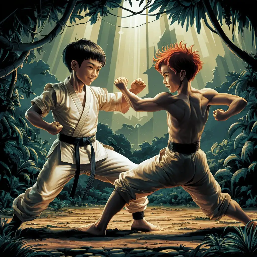 Asian teen boy, very  good looking fighting with another teen Asian boy who has red hair, shirtless and in a jungle clearing