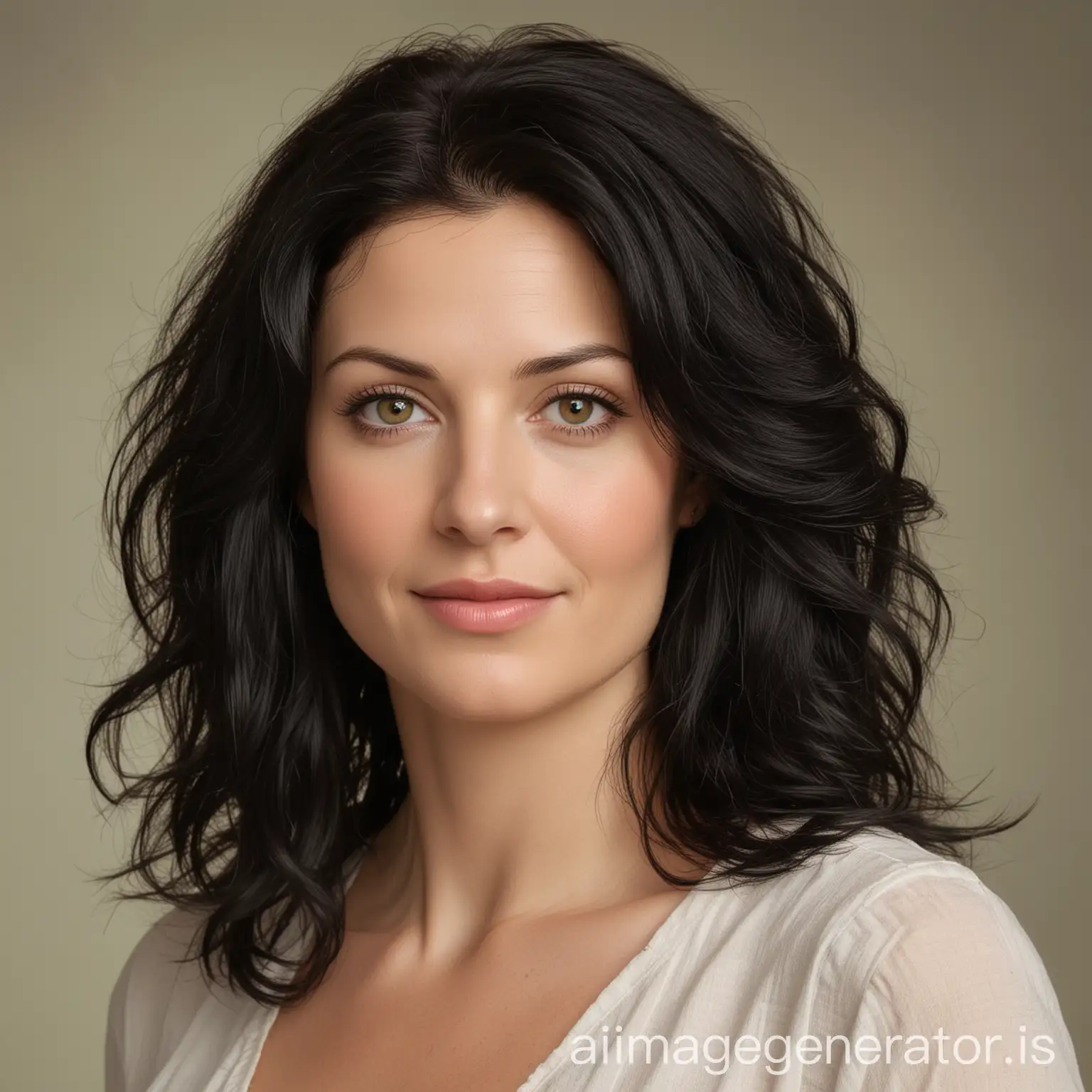 In color, make a fully clothed beautiful 35 year old, 5' 6'' 128 pound White woman with soft wavy shoulder length black hair, kind eyes, neutral background