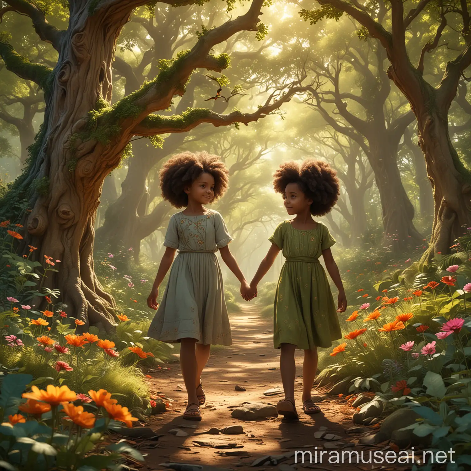 Create an illustration of two sisters named Djenna and Djoelia, with beautiful afro hairstyles, exploring a magical forest. Djenna, the older sister, is wise and thoughtful, while Djoelia, the younger sister, is energetic and adventurous. They are holding hands as they walk through a vibrant forest filled with majestic trees, colorful flowers, and singing birds. Near a large, ancient oak tree, they meet a wise tortoise named Tilly. The scene is filled with a sense of wonder and excitement as the sisters embark on their treasure hunt, guided by Tilly. The forest is bathed in warm sunlight, creating a magical atmosphere.