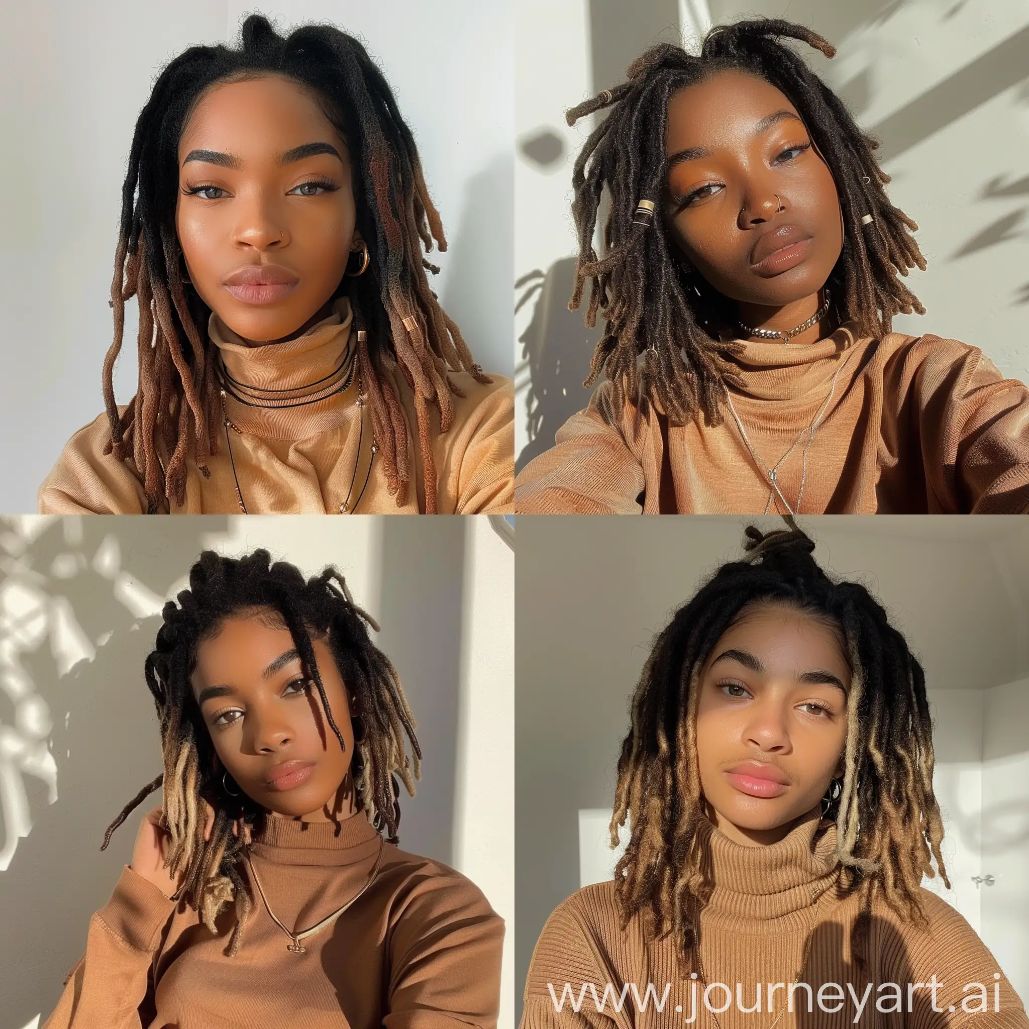 Aesthetic instagram selfie of a black teenage influencer with ombre dreadlocks, soft brown clothing color tones--ar 9:16