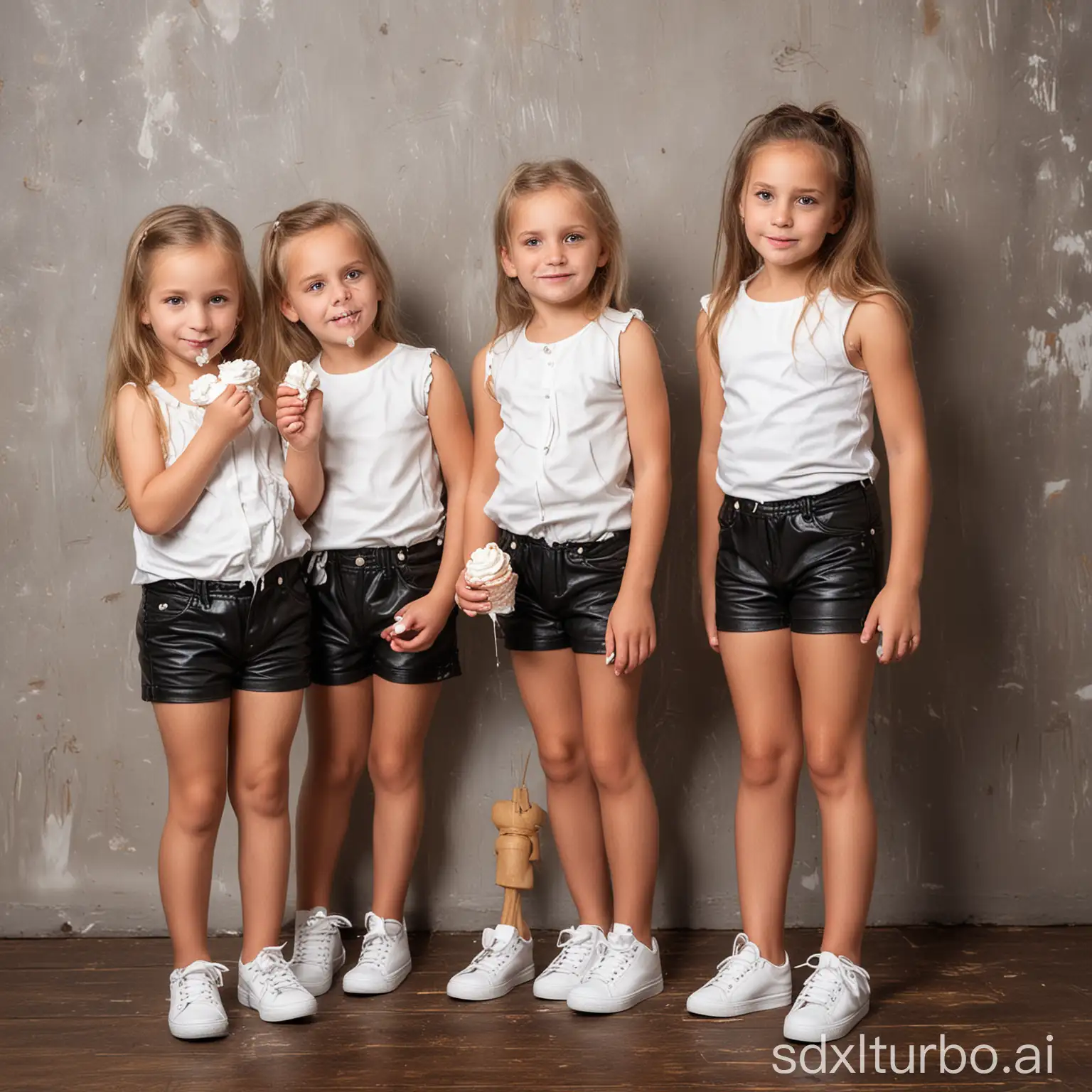 Children Girls with whipped cream off the Leather Shorts