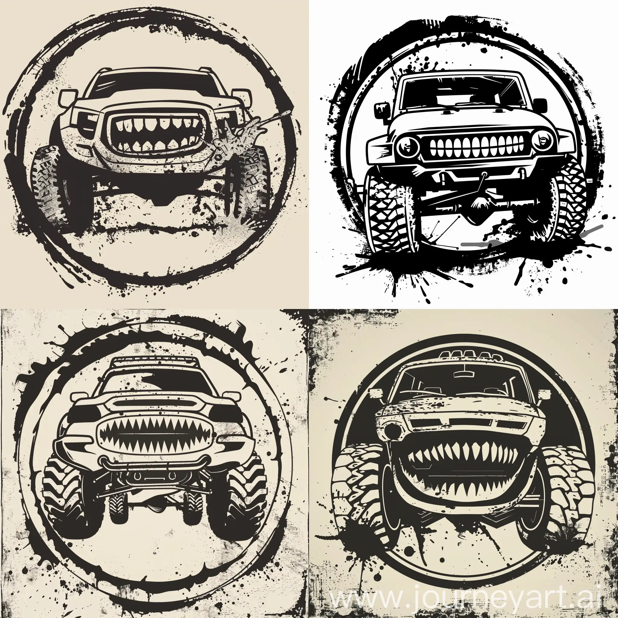 The round logo is drawn with a line silhouette, inside it is a large SUV car, with large wheels, splashes of mud. The car has a huge smile, like a man with teeth.
