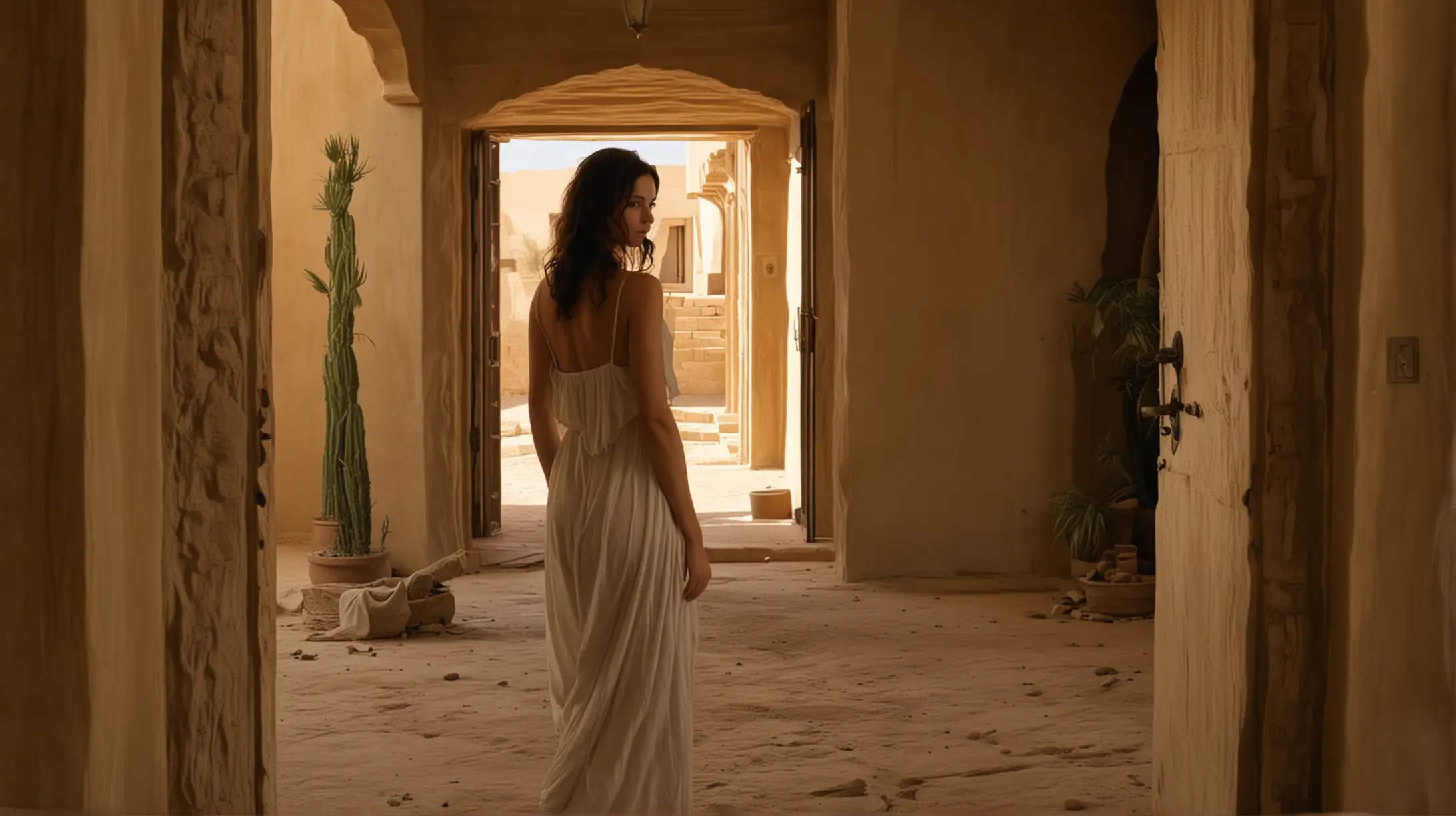 Elegant Woman Exiting Bedroom Door in Biblical Desert Palace Setting
