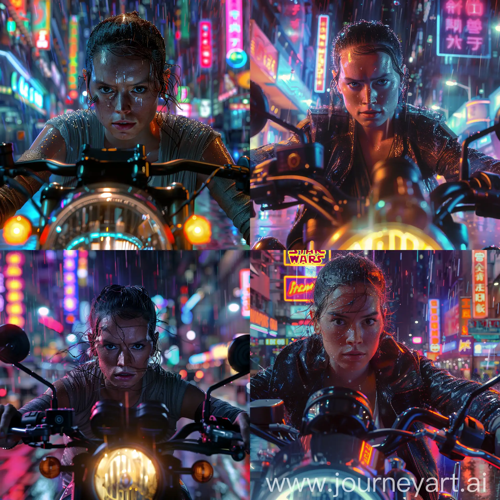 Daisy Ridley with Rey Skywalker's face, drive a motircycle in cyberpunk city With neon lights reflecting in her wet face in rain, looking at The camera, 8k resolution