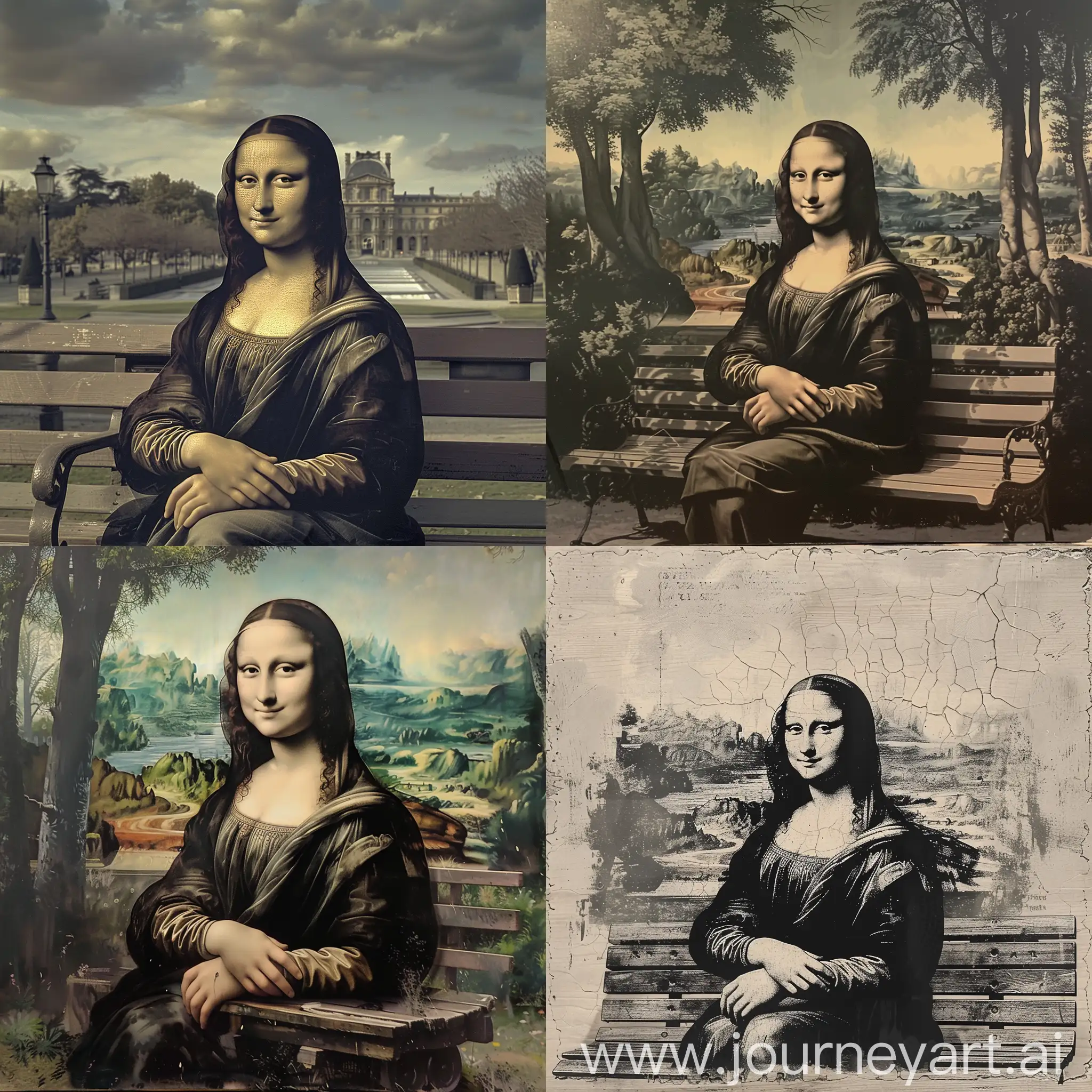 Mona Lisa freed from the walls of the Louvre on a park bench. Sitting elegantly. An enigmatic smile flashes.. The appearance of the Mona Lisa, which seems to travel through time, stimulates the imagination. It allows for various interpretations