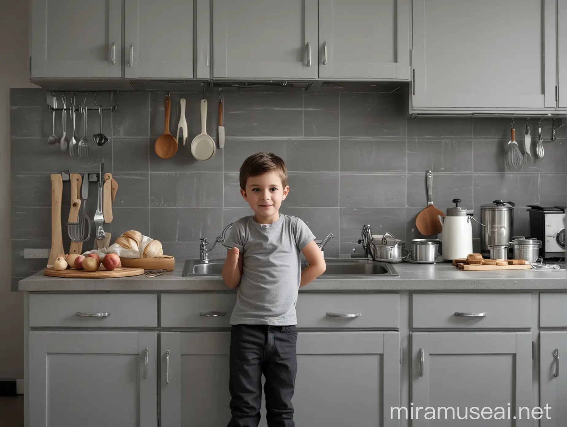 A child who loves to be in the kitchen, the kitchen is in shades of gray