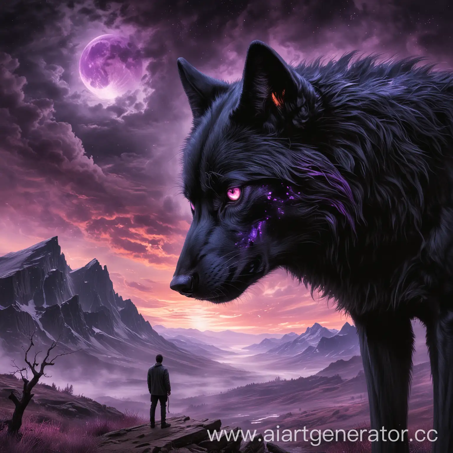 Человек смотрящий на пустоту, откуда на него смотрит чёрный волк, с горящими фиолетовыми глазами.