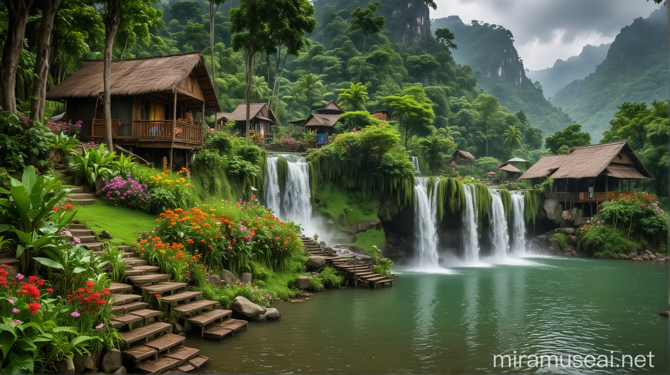 moonsoon forest village house at mountain with flowers and waterfall and sitting chairs a waterfall with a hut and a lake, in the style of 32k uhd, moonsoon emerald and green, colorful dreams, romantic riverscapes, beautiful scenery waterfall view and village in forest