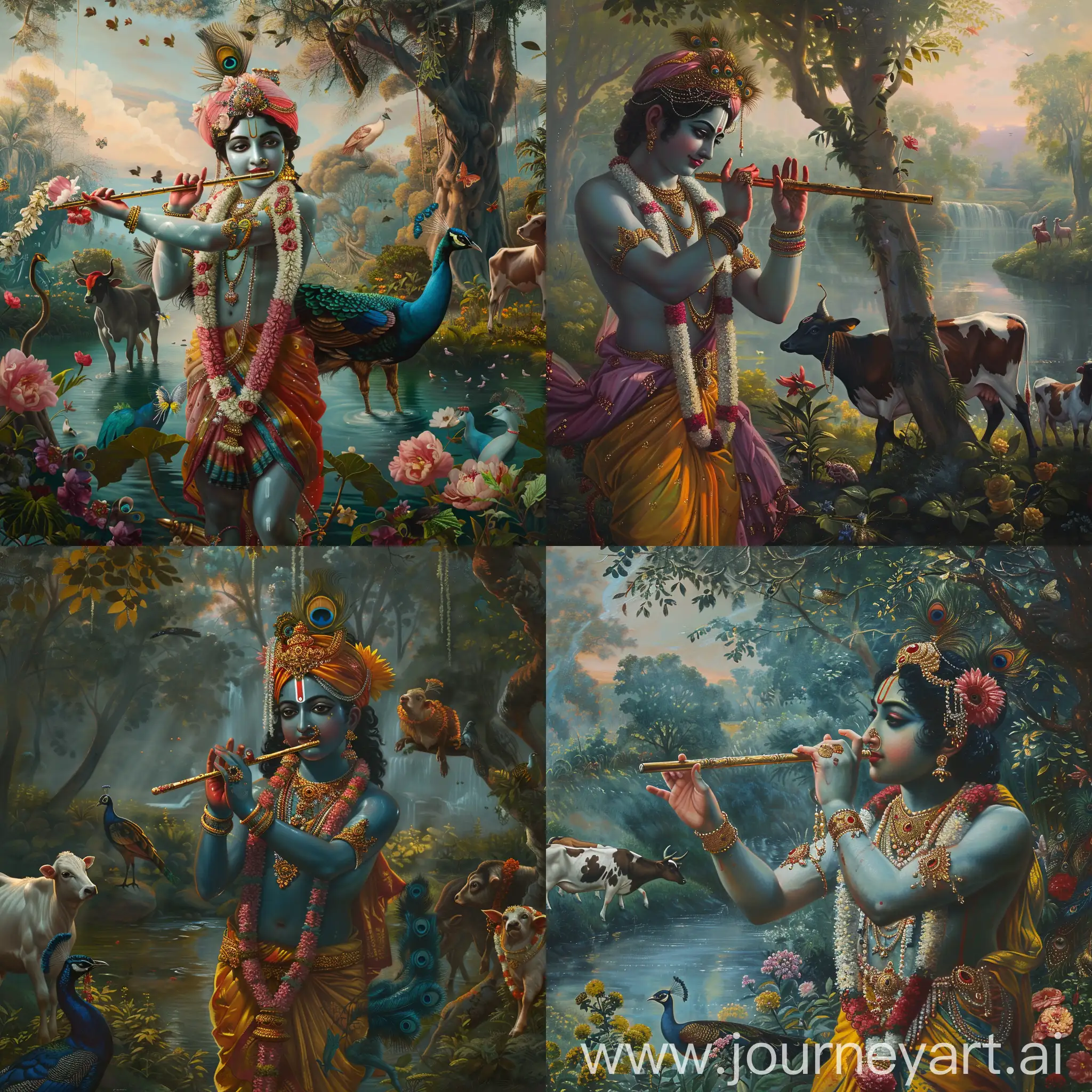 Divine-Lord-Krishna-Playing-Flute-in-Serene-Nature-Indian-Miniature-Painting-Style