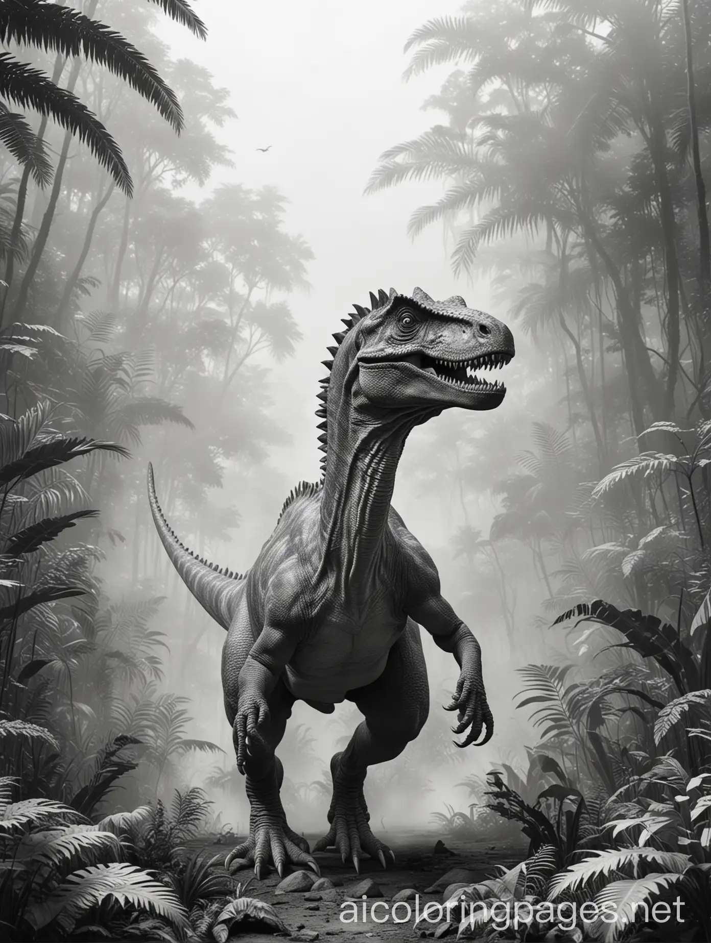 a realistic dinosaur in jungle, full haze and smoke around, Coloring Page, black and white, line art, white background, Simplicity, Ample White Space. The background of the coloring page is plain white to make it easy for young children to color within the lines. The outlines of all the subjects are easy to distinguish, making it simple for kids to color without too much difficulty