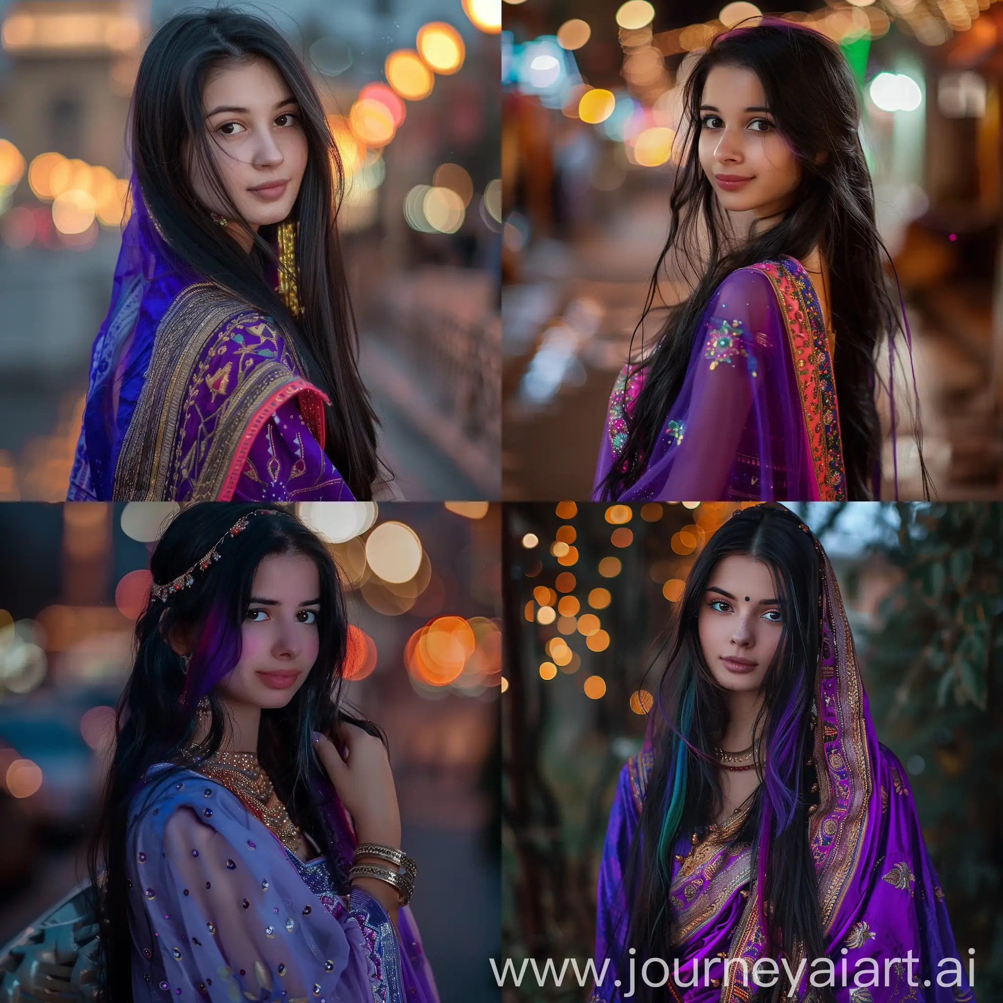 beautiful cute young attractive Russian teenage girl, City girl, 27 years old, cute, Instagram model, long black_hair, colorful hair, warm, dacing, in city night ,1girl,pov,photorealistic, Russian Woman, tradition , Indian tradition,Woman ,Russian , purple saree