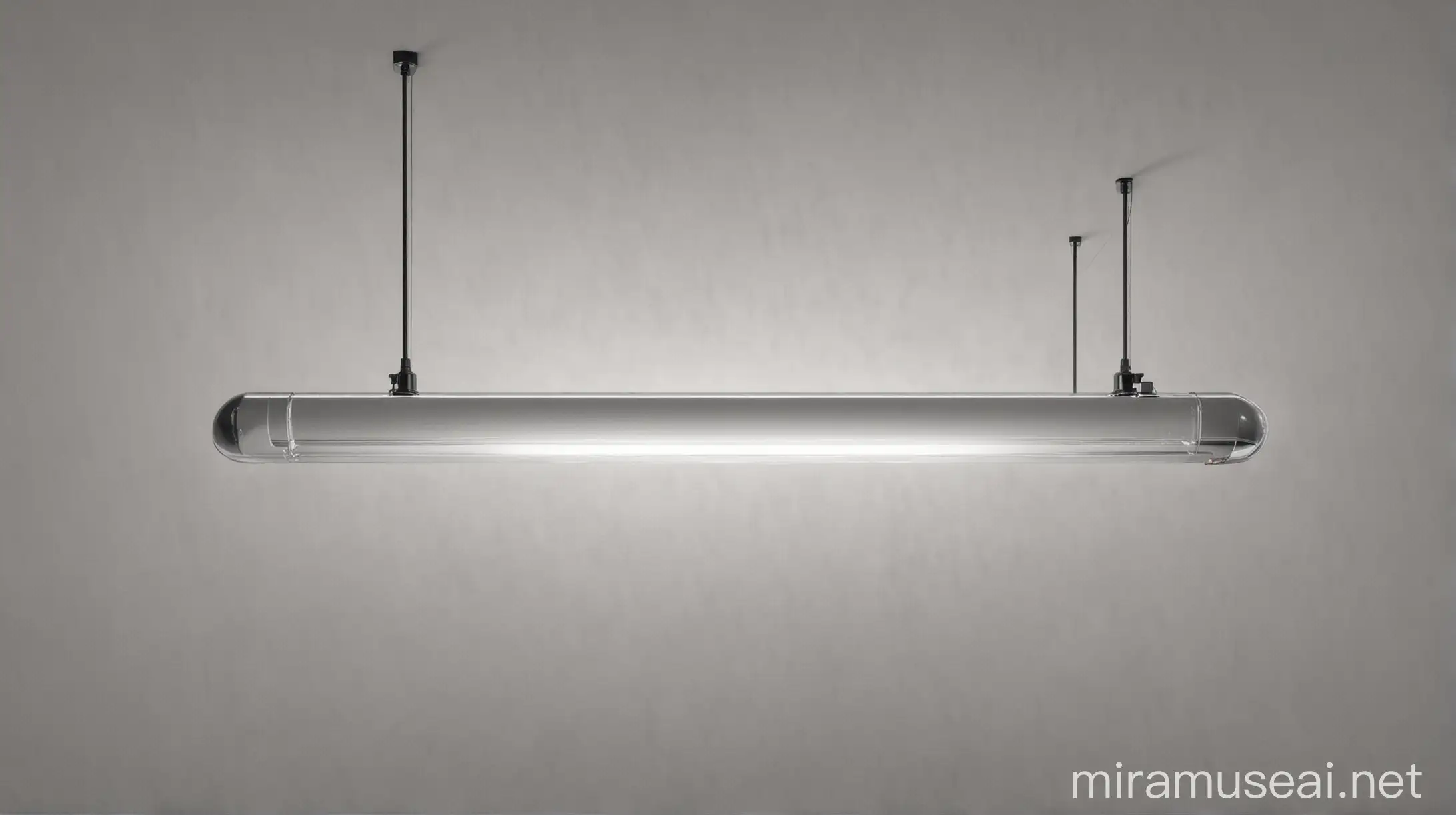 Design a sleek and contemporary ceiling tube light that hangs from the ceiling. well cut, The light should have a minimalist look, and the perspective should be a front view. Ensure a 100% white background for the digital drawing, spread sheet, sprite sheet. trending on artstation