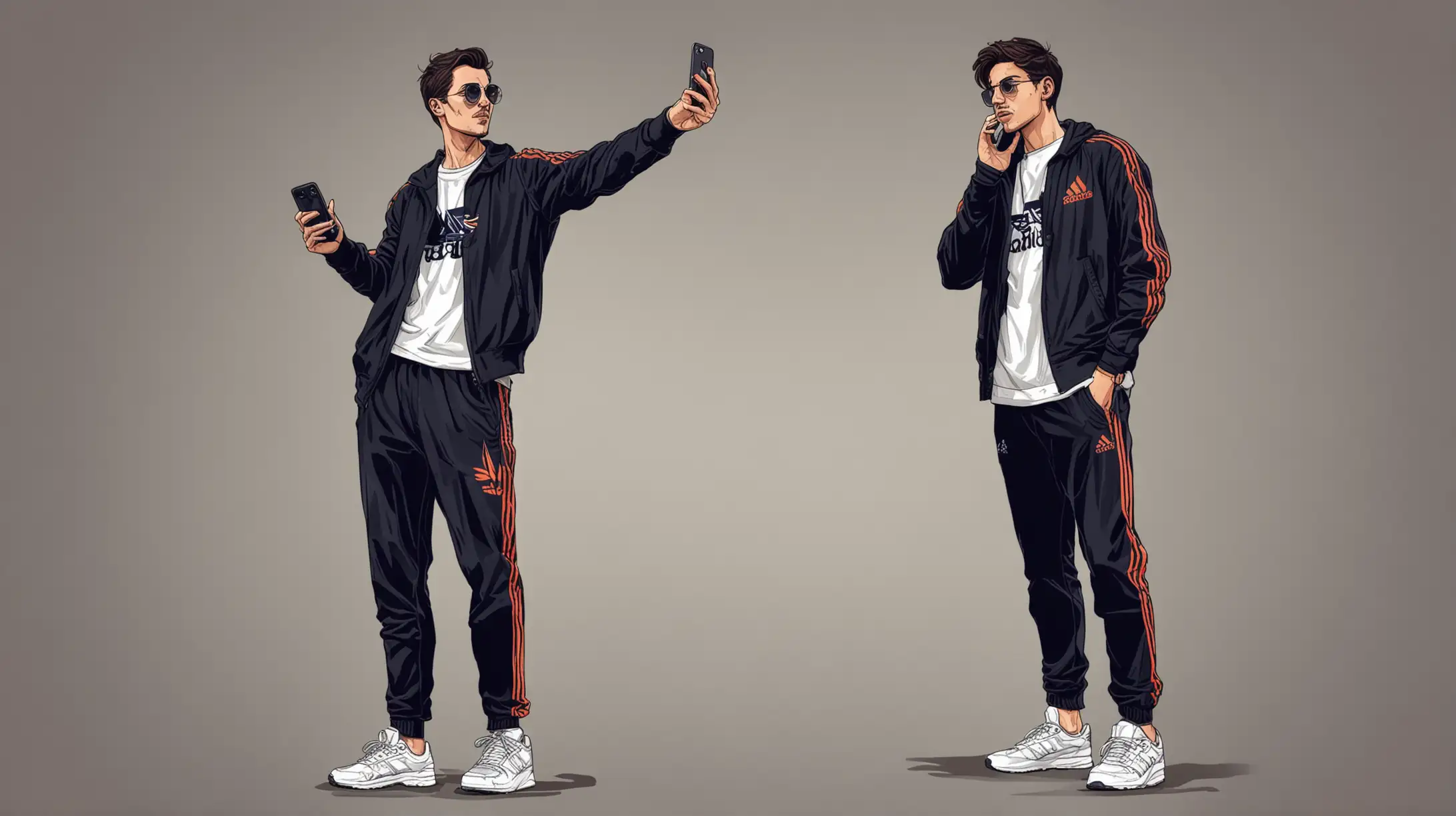 Urban Style Man Taking Selfie in Adidas Track Suit and Sneakers