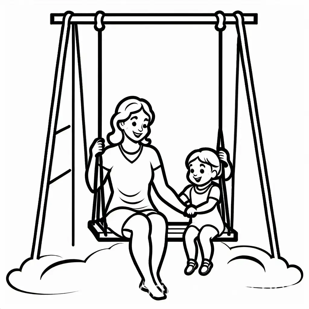 Mother and kid swing, Coloring Page, black and white, line art, white background, Simplicity, Ample White Space. The background of the coloring page is plain white to make it easy for young children to color within the lines. The outlines of all the subjects are easy to distinguish, making it simple for kids to color without too much difficulty