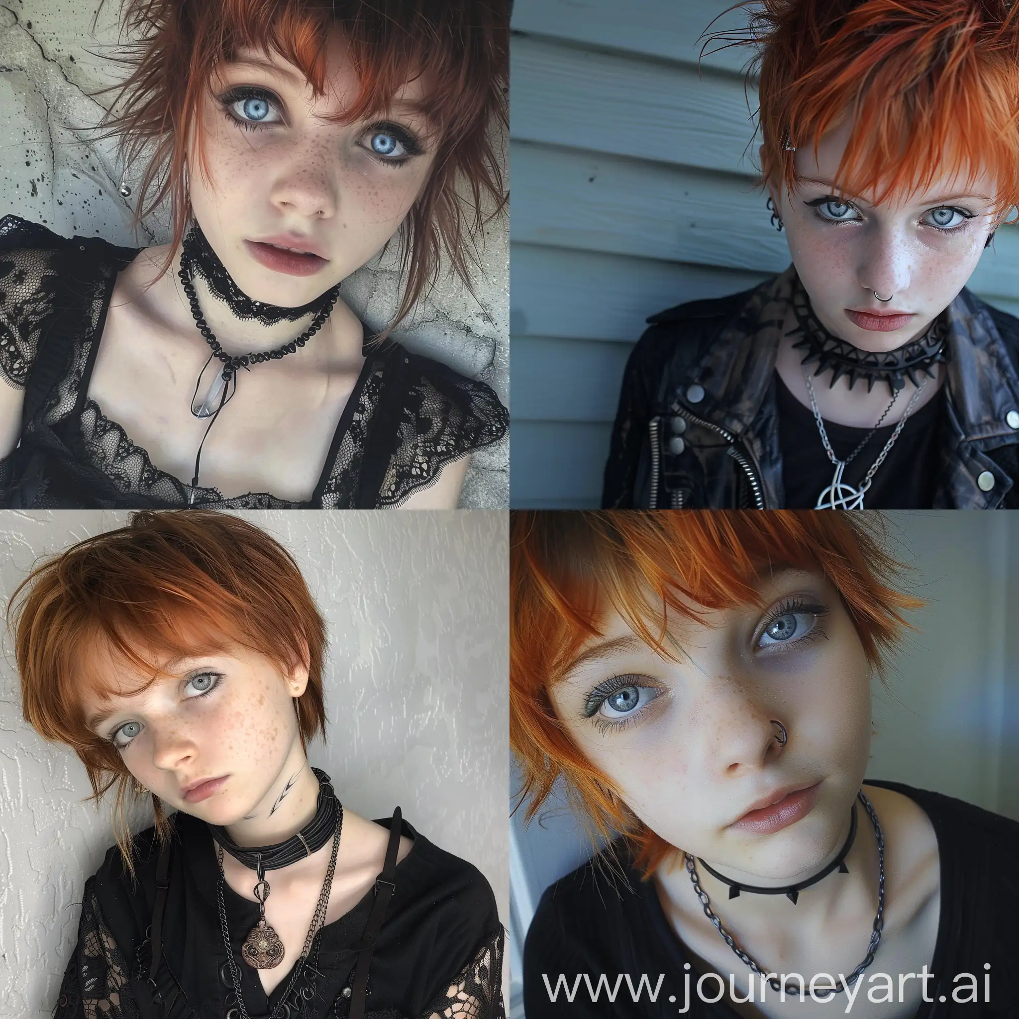 15 year old girl, goth, pixie cut, red hair, icy blue eyes