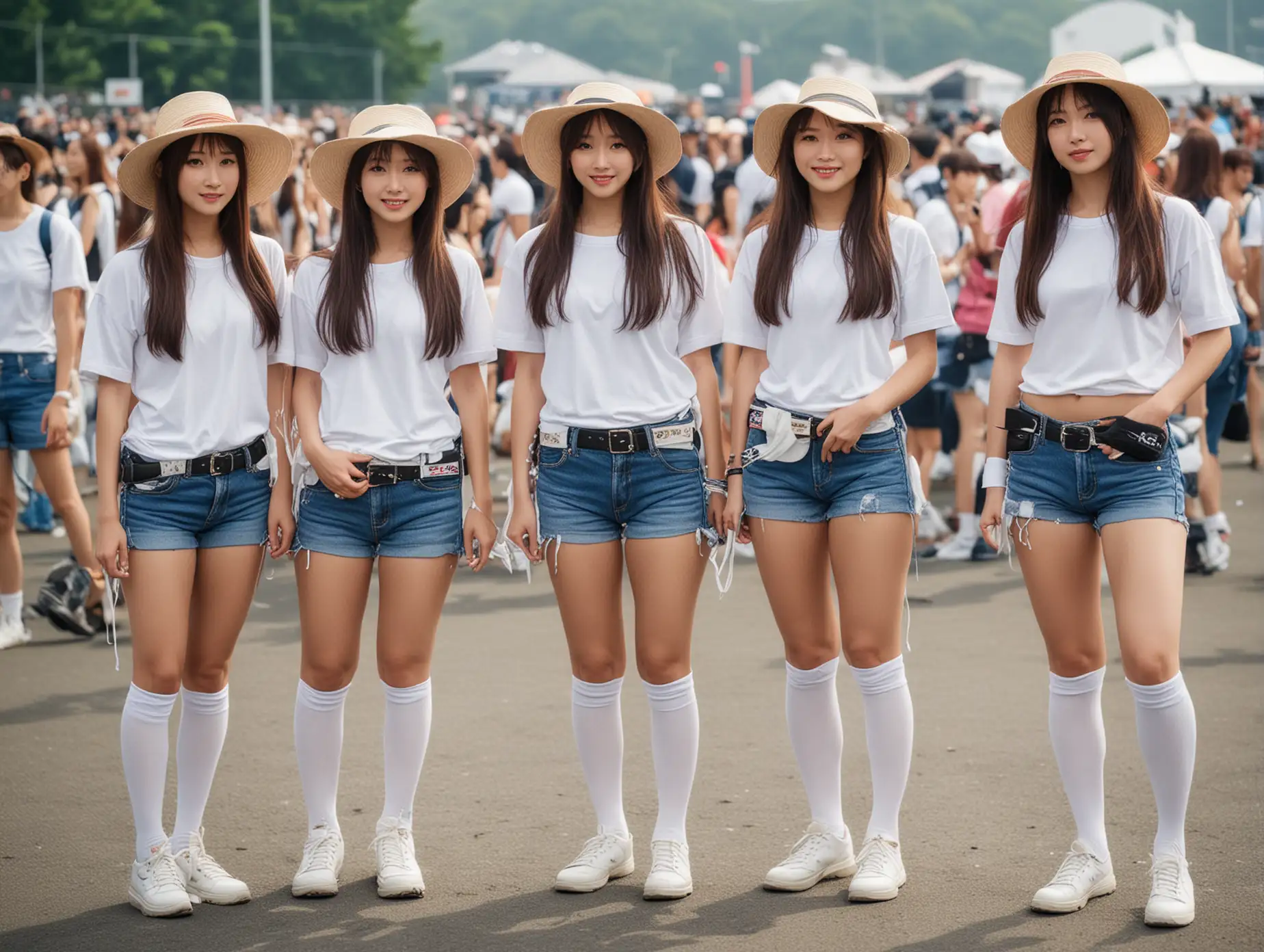 A group of gorgeous sporty Japanese women, dress, sunhat, long hair, very short denim shorts with a belt, white knee-high socks, at outdoor festival