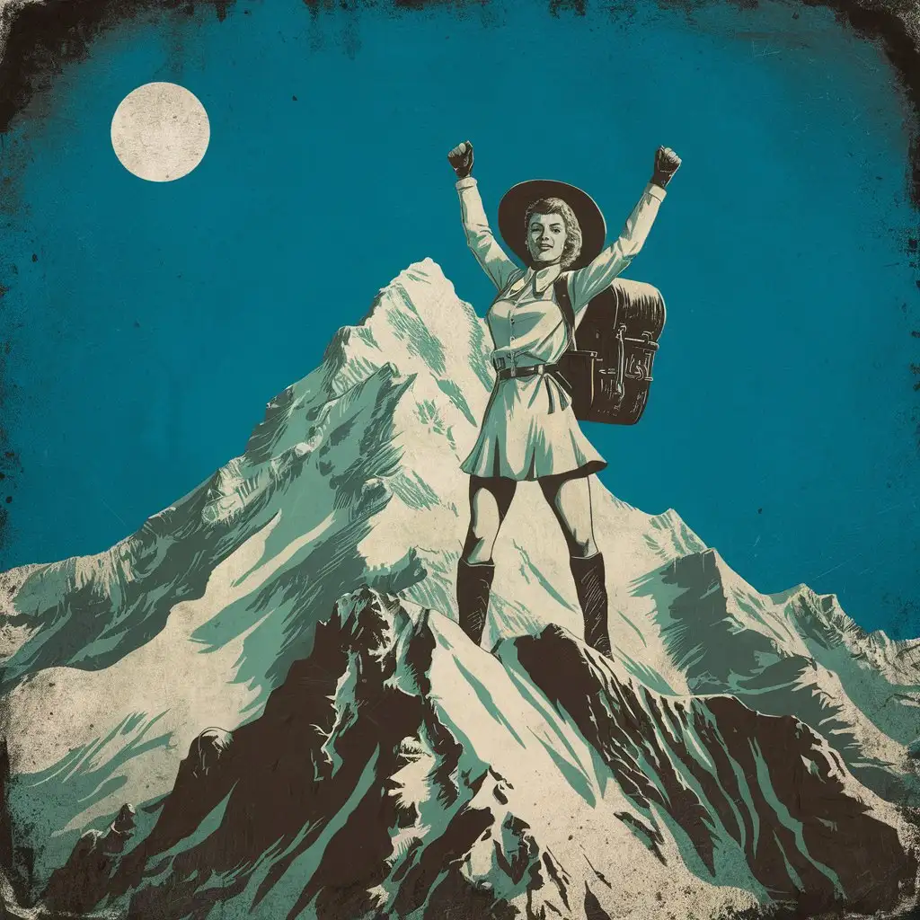 A vintage-style illustration of a woman conquering a mountain peak.