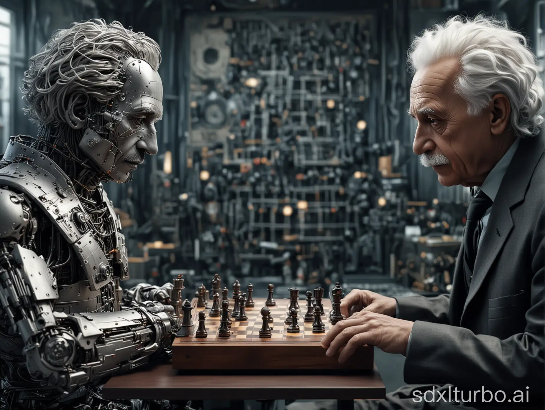 a highly modern cybernetic Cyborg plays chess with Albert Einstein in the background a large futuristic computer very detailed