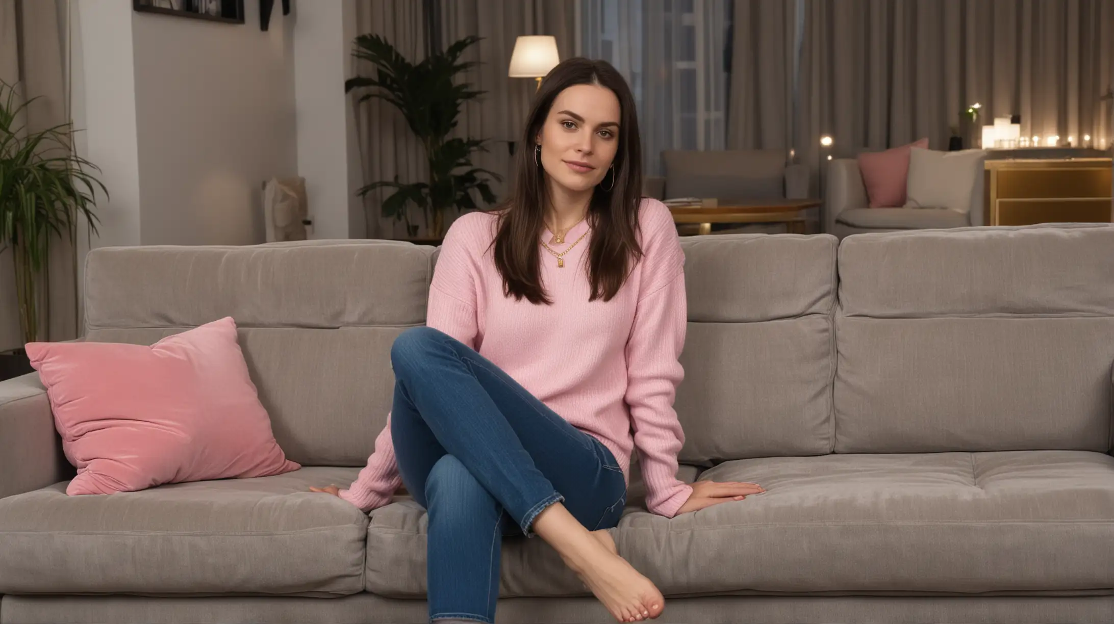 30 year old pale white woman with long dark brown hair, parted to the right, wearing a pink sweater, blue jeans, closed slippers and a gold necklace. She is sitting down in a gray couch with legs crossed, modern high rise urban apartment background at night