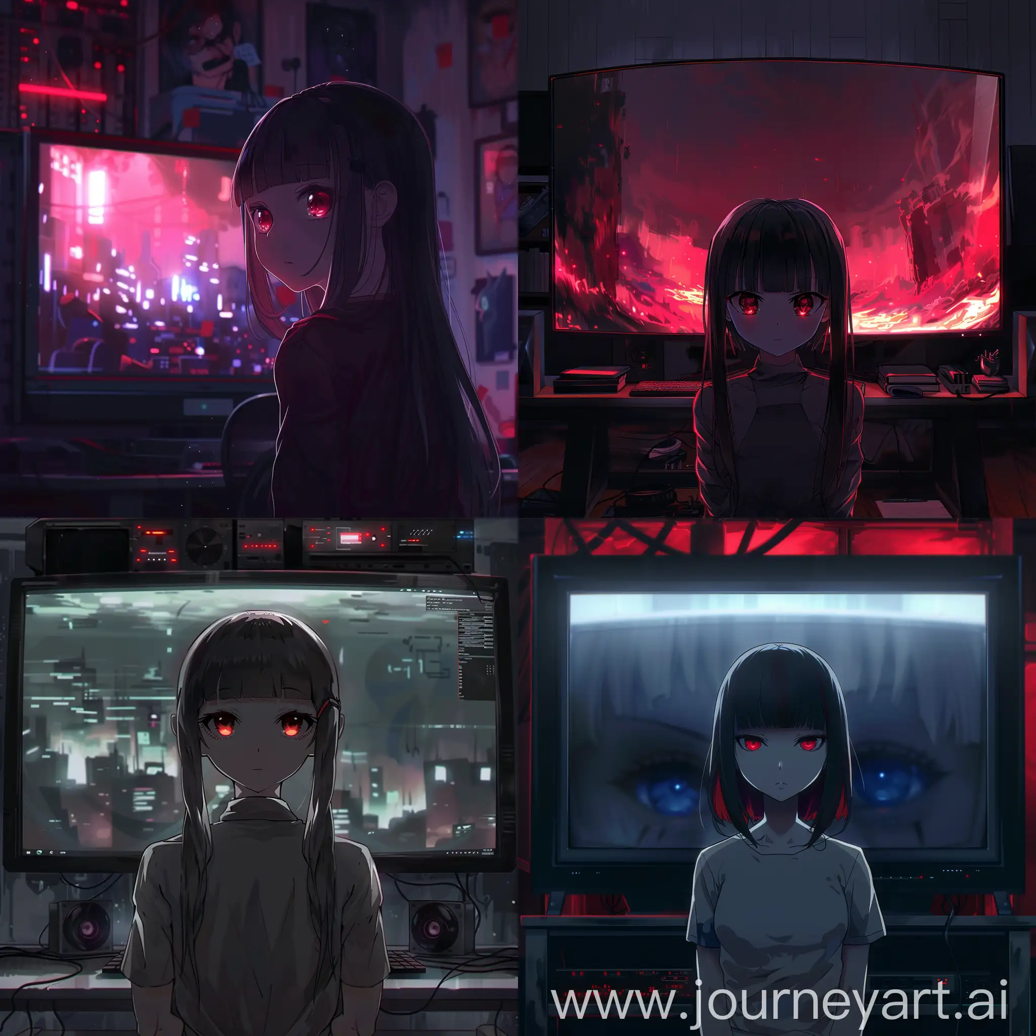 Anime girl, red eyes, in front of big monitor