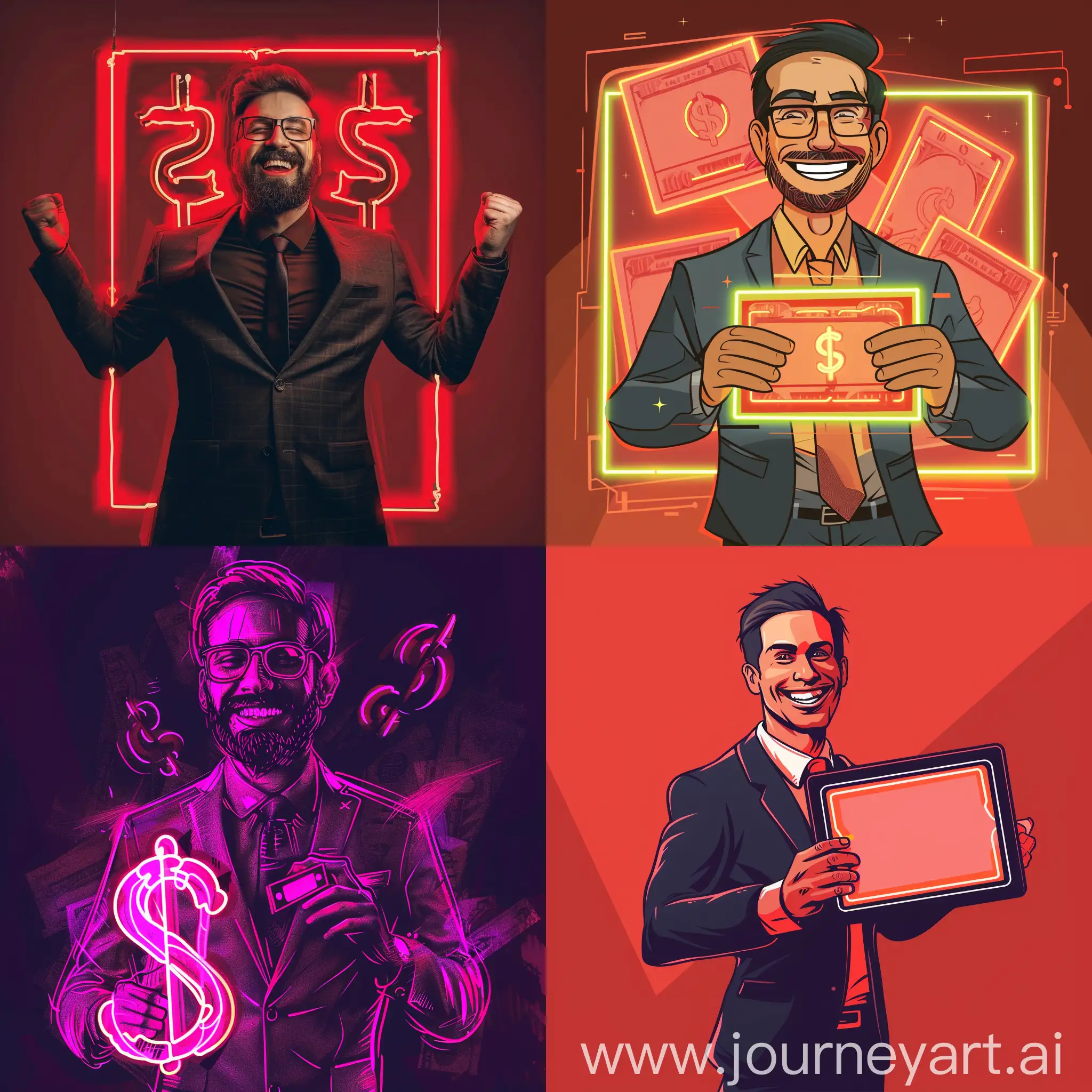 draw a happy businessman who bought a neon sign and made a lot of money